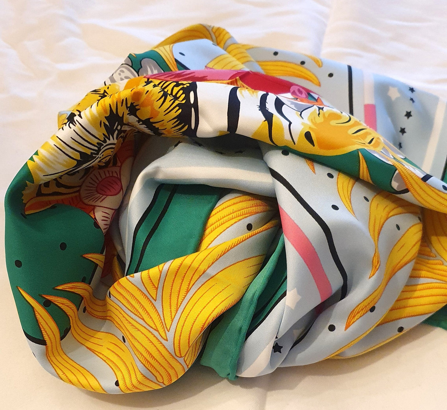 Large, Faux Silk Scarf, Hand Printed, Tiger design, Large, 83cm, Bold, Bright, Green, Yellow, Colourful, Hijab