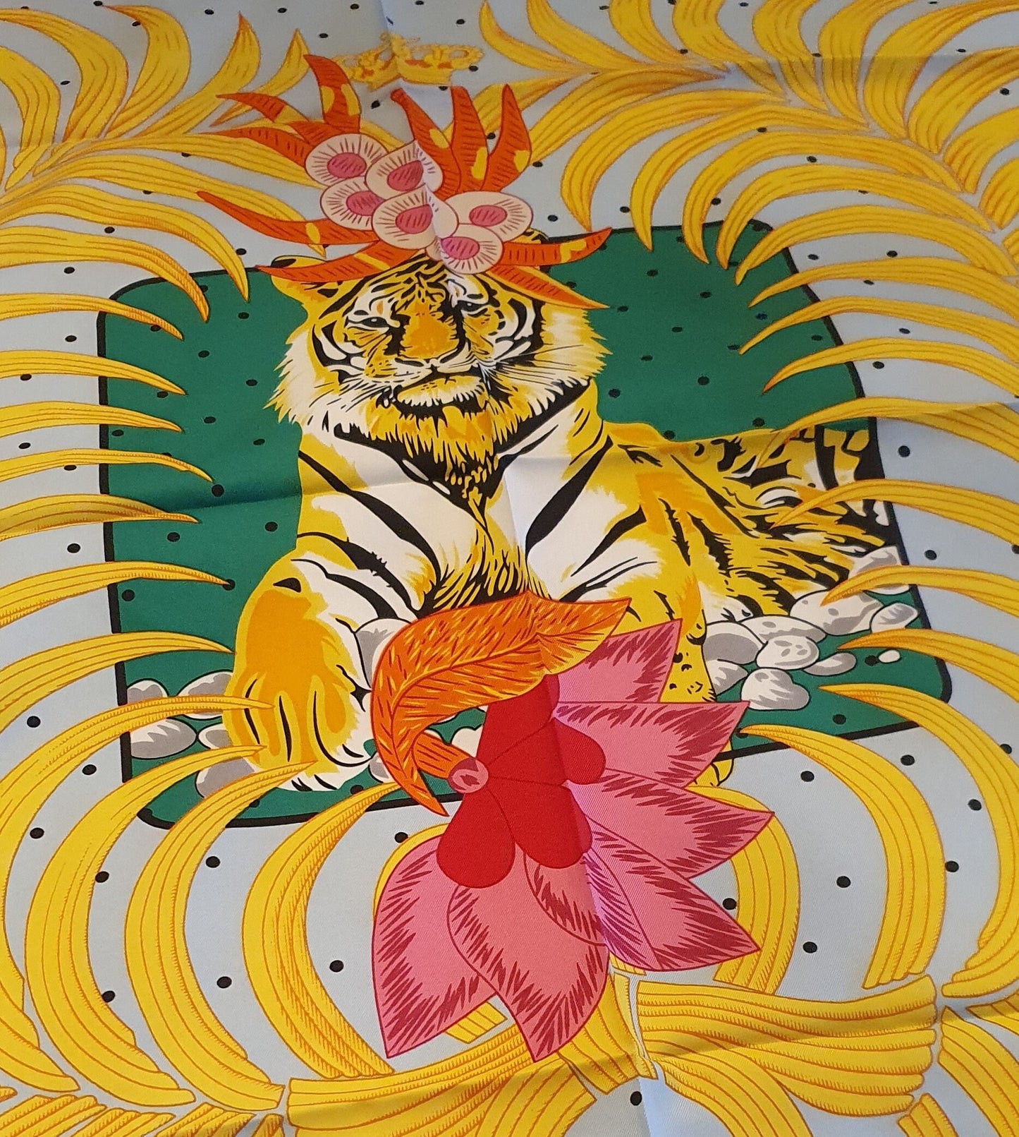 Large, Faux Silk Scarf, Hand Printed, Tiger design, Large, 83cm, Bold, Bright, Green, Yellow, Colourful, Hijab