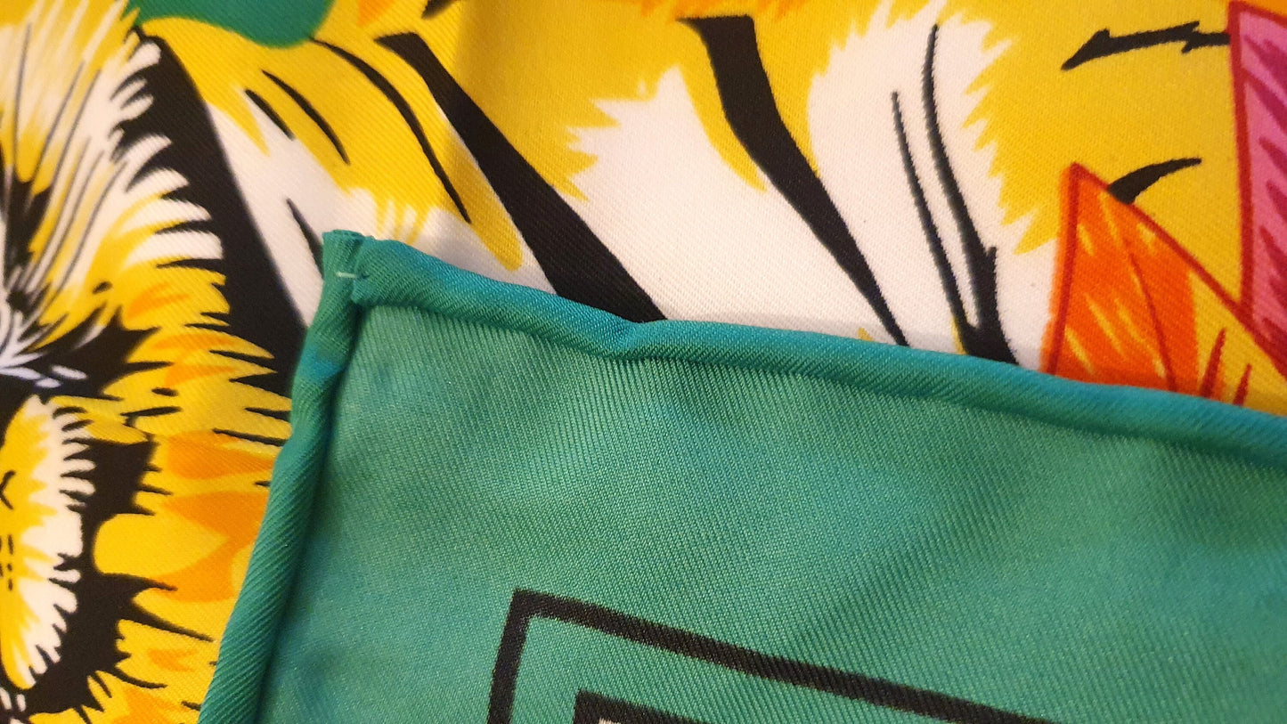 Large, Faux Silk Scarf, Hand Printed, Tiger design, Large, 83cm, Bold, Bright, Green, Yellow, Colourful, Hijab