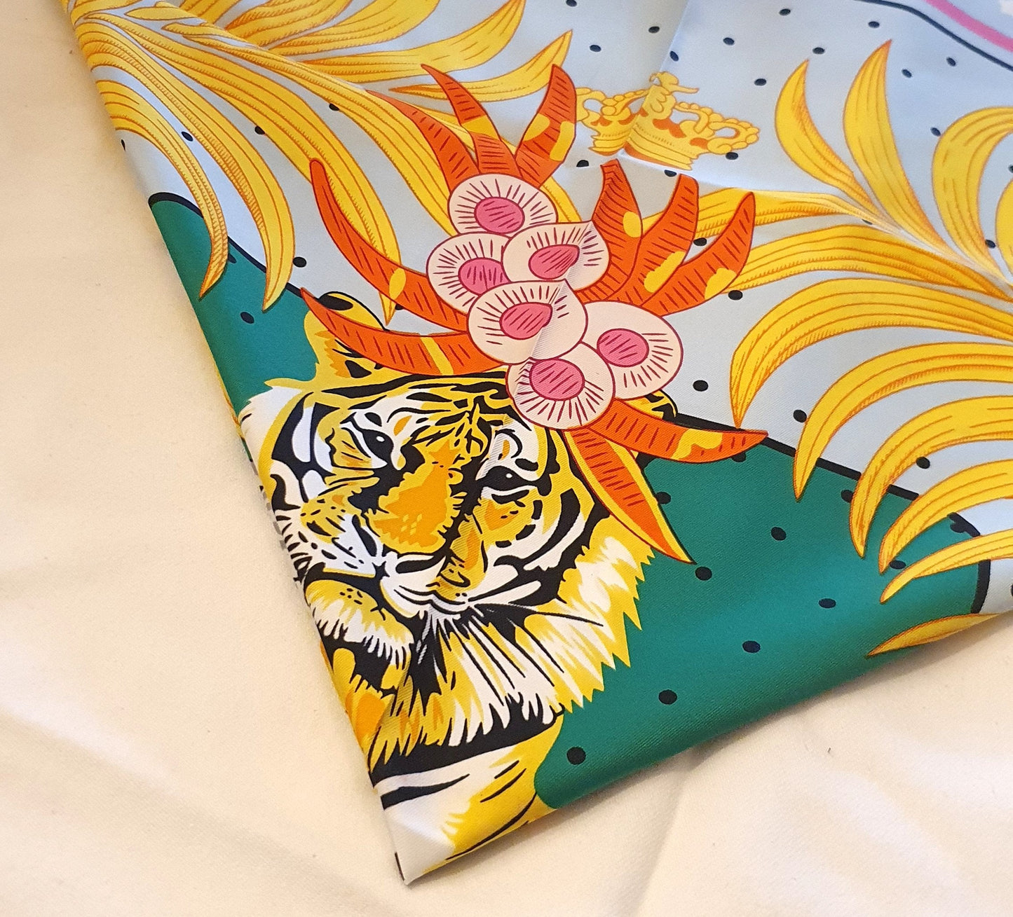 Large, Faux Silk Scarf, Hand Printed, Tiger design, Large, 83cm, Bold, Bright, Green, Yellow, Colourful, Hijab
