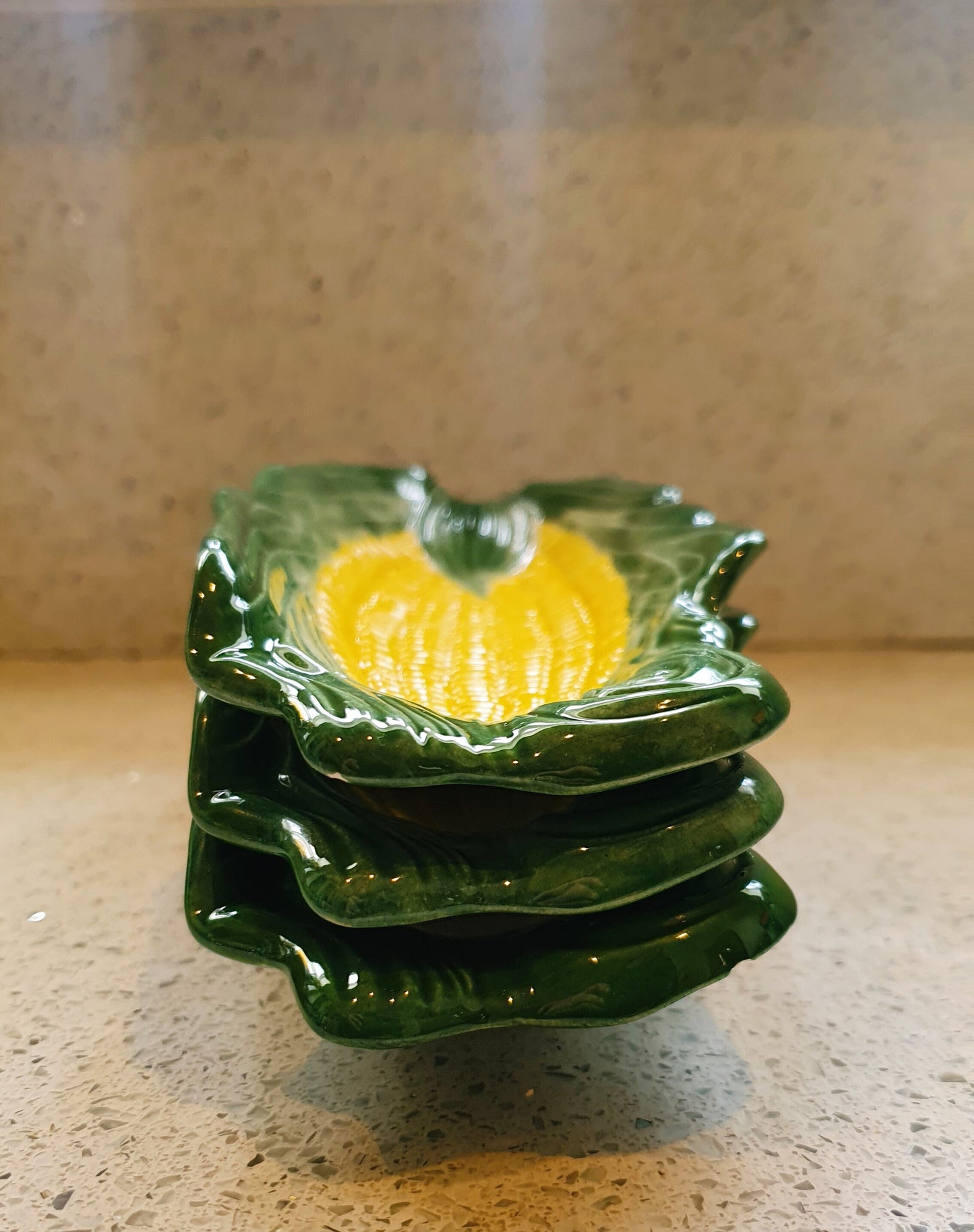 Majolica Sweetcorn Dishes, Sweetcorn Dishes, Green and Yellow, Majolica