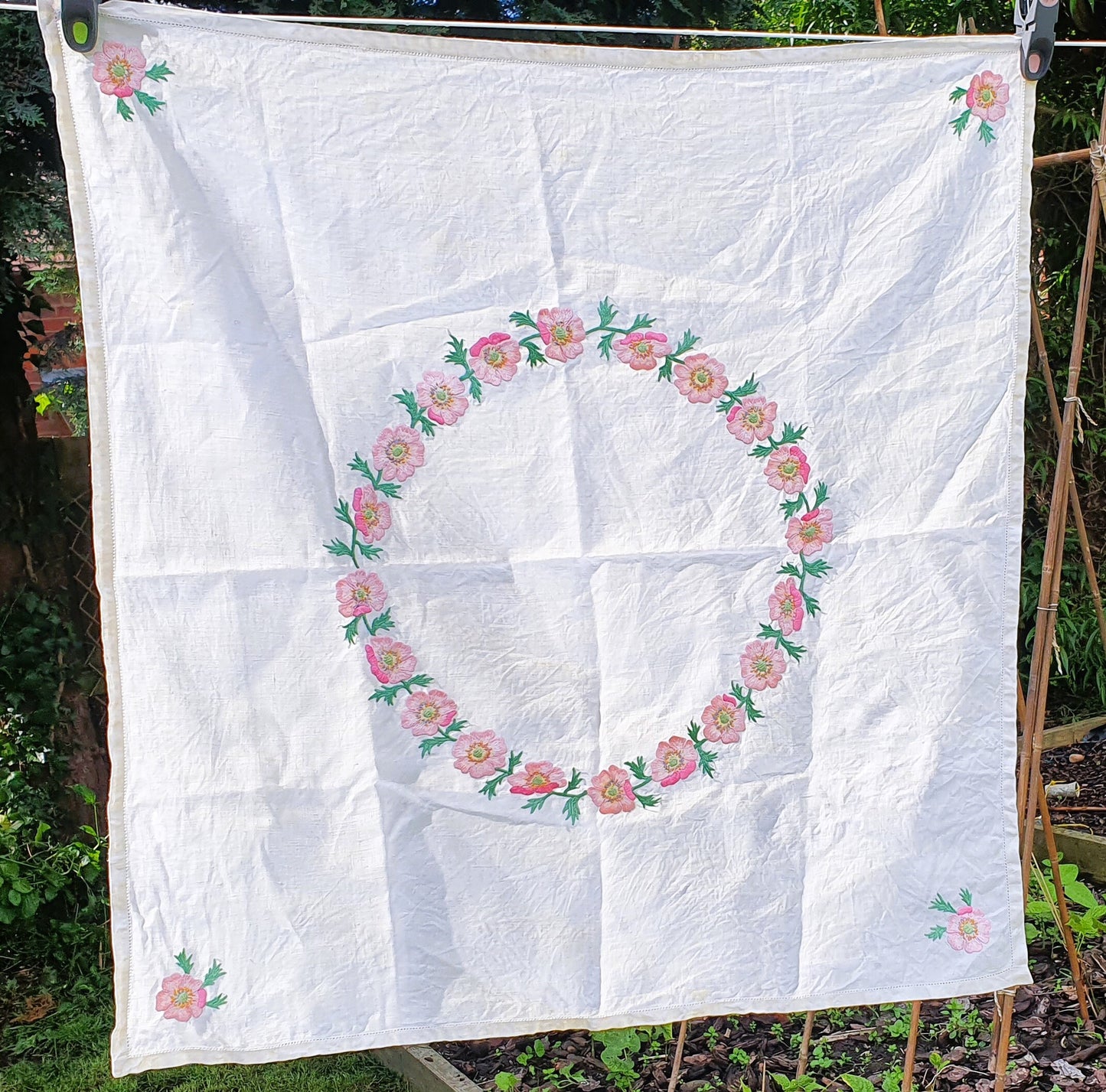 Vintage, Embroidered Linen Table cloth, 85 x 80 inches, Square, rectangle, Flowers, Mid Century