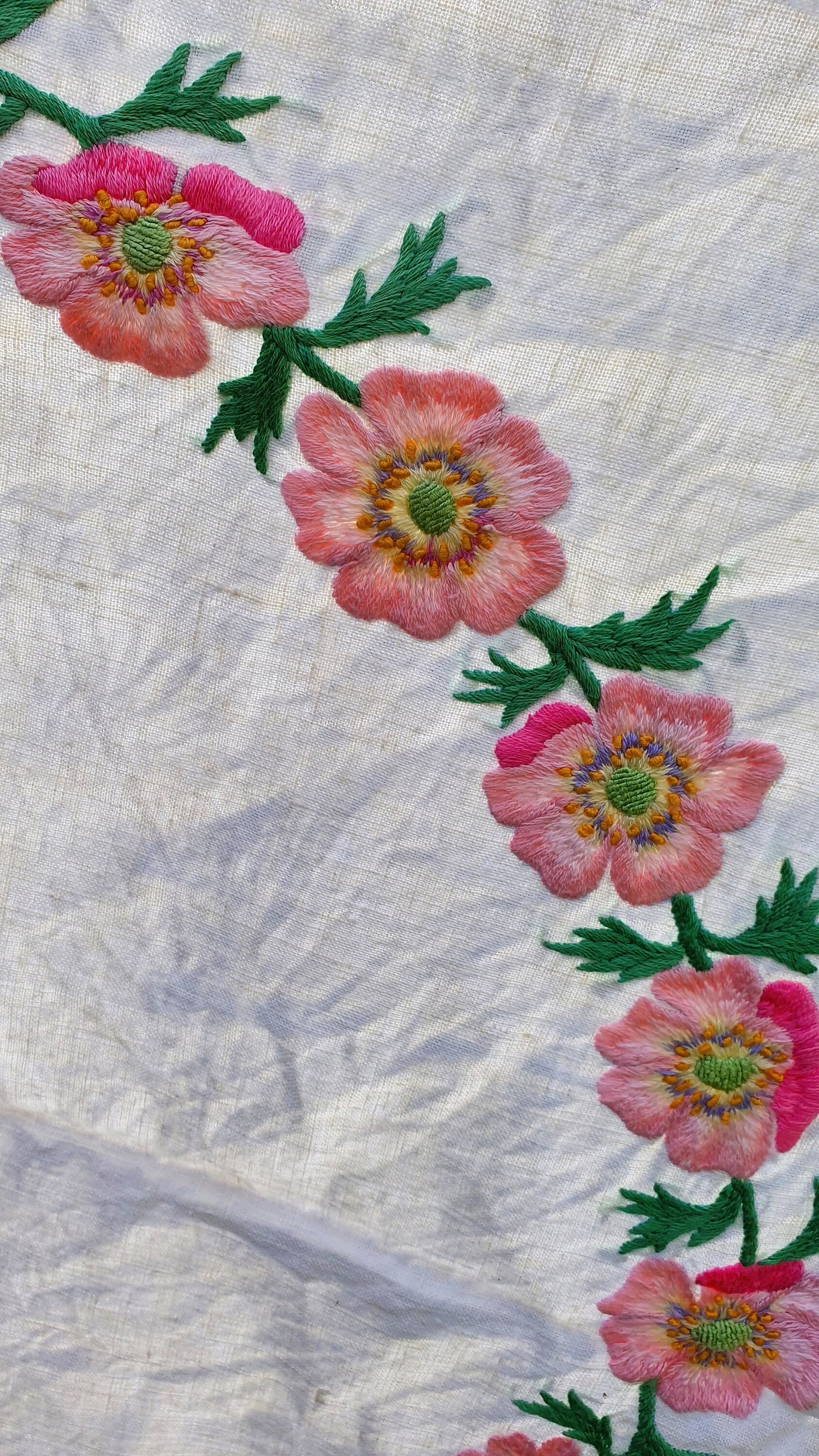 Vintage, Embroidered Linen Table cloth, 85 x 80 inches, Square, rectangle, Flowers, Mid Century