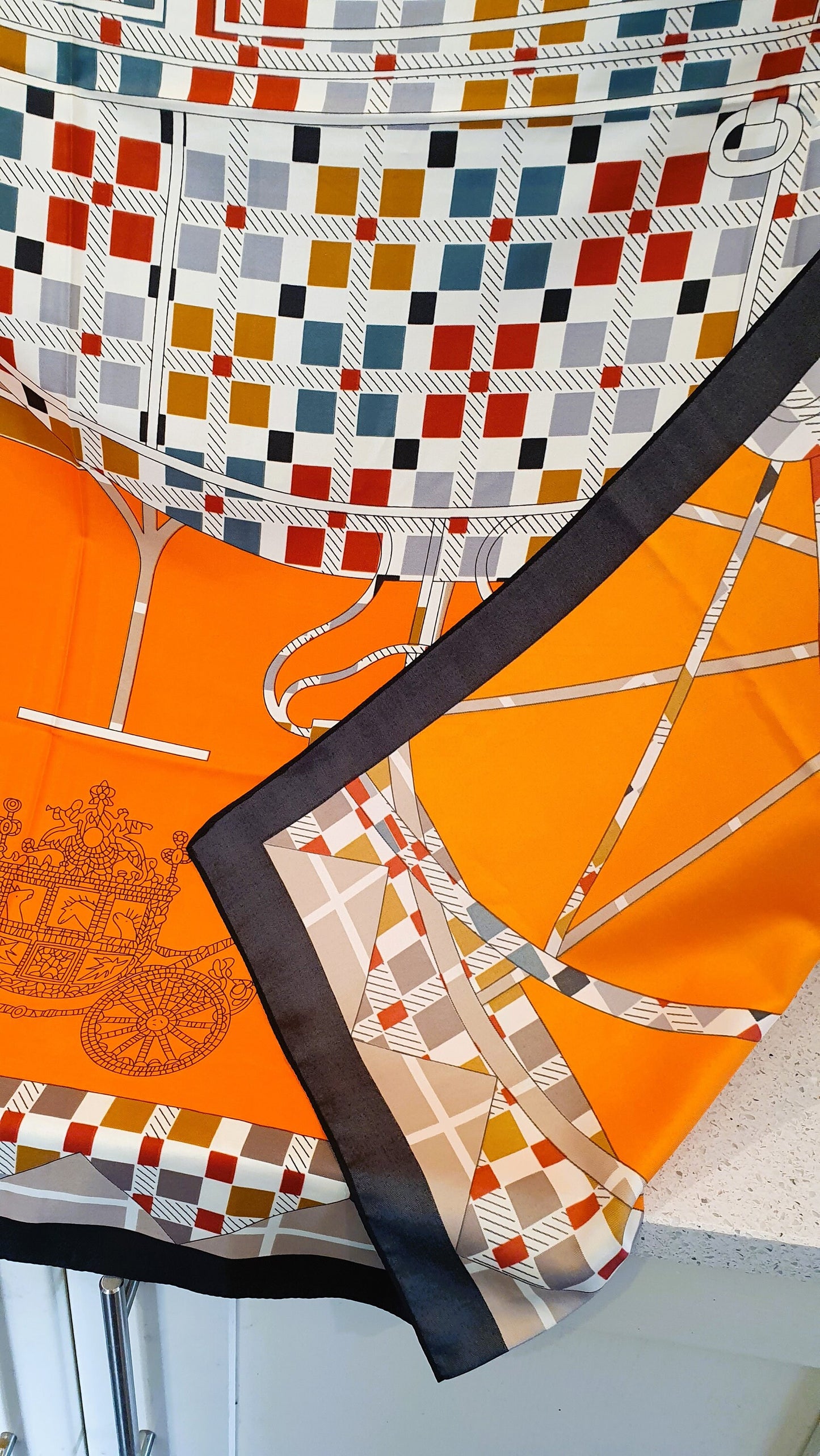 Faux Silk Scarf, Orange, Carriage, Abstract, Large, 95cm, Hijab,