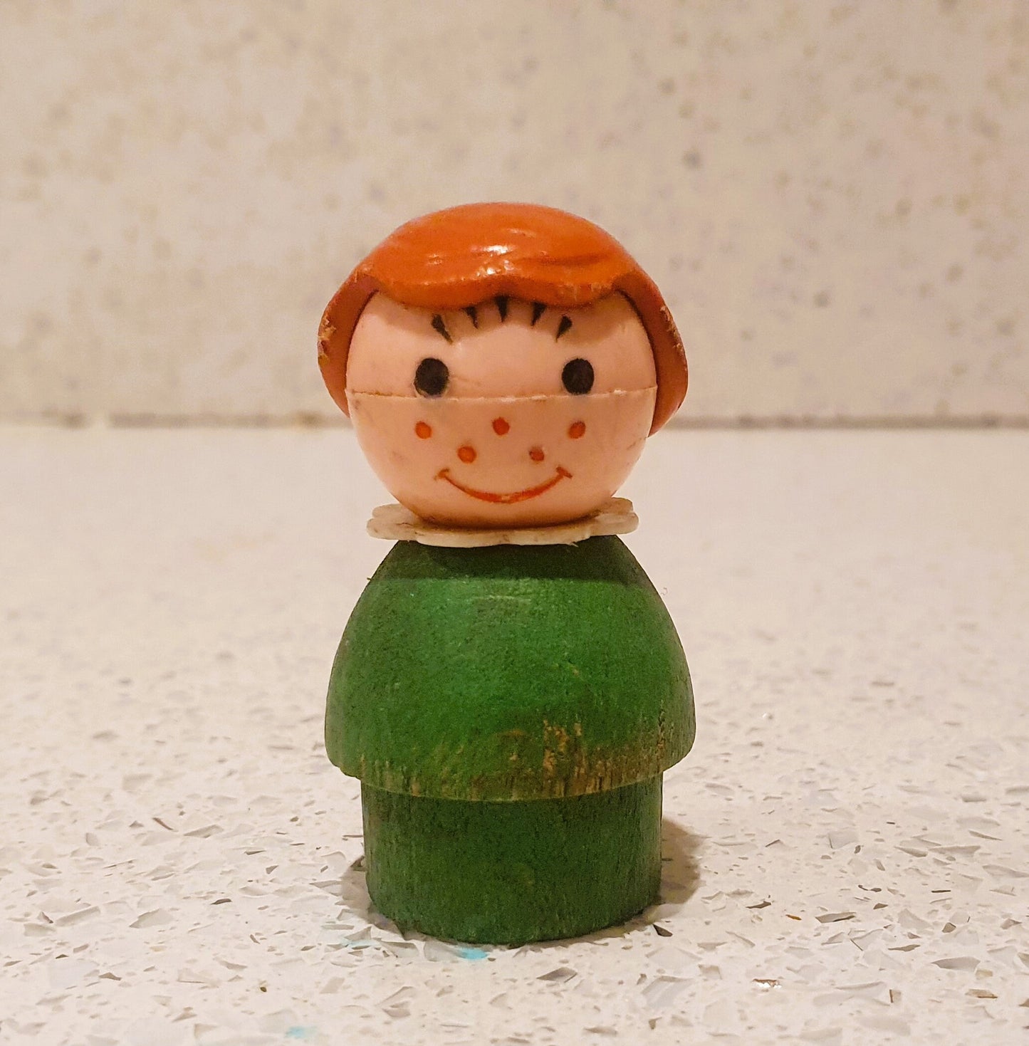 Fisher-Price little people Wooden Character, Green Girl, Brown hair, 70s Fisher Price Little People