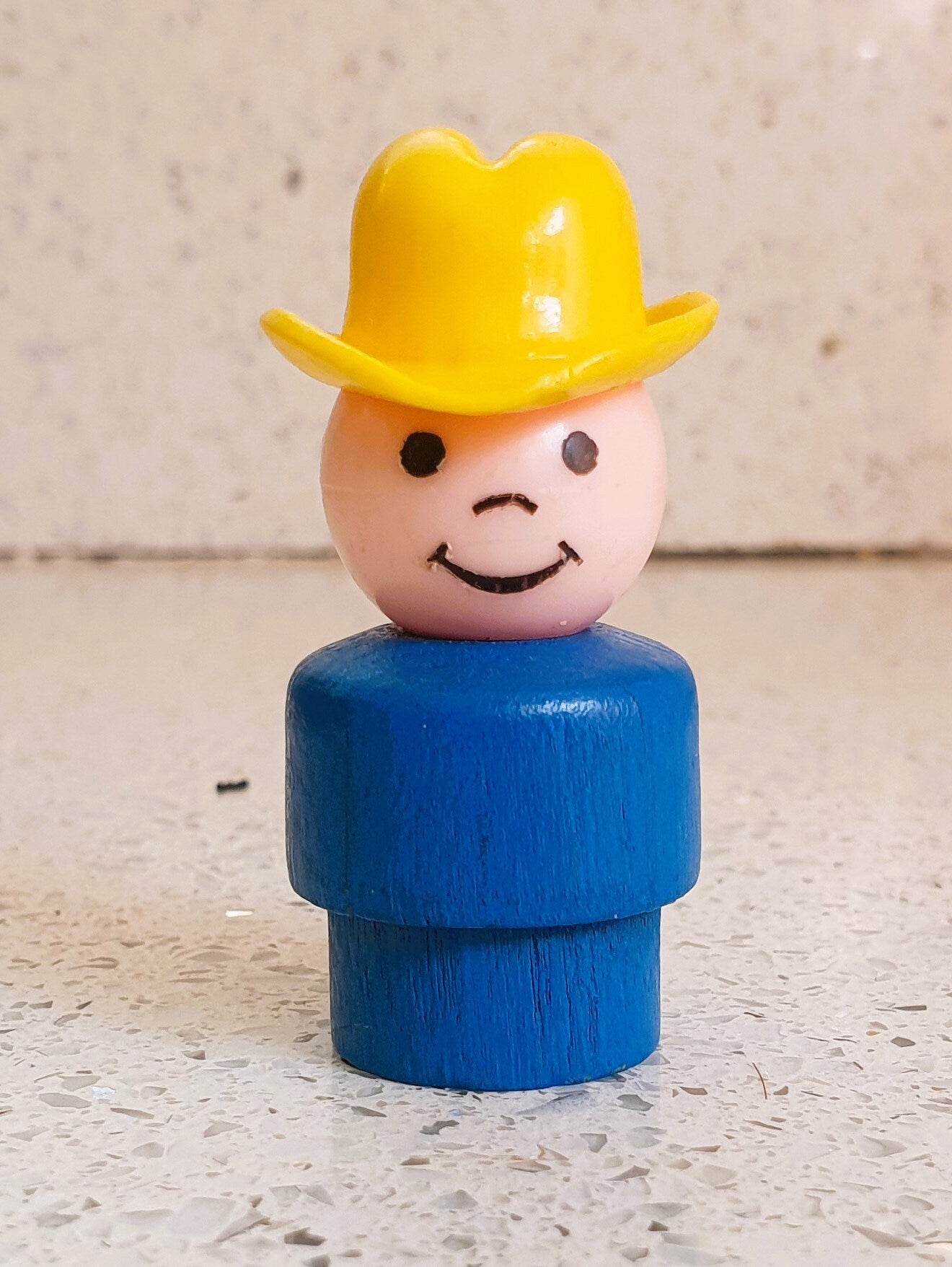 70s Fisher-Price little people Wooden Cowboy, 70s Fisher Price Little People, Blue Cowboy with Yellow Hat