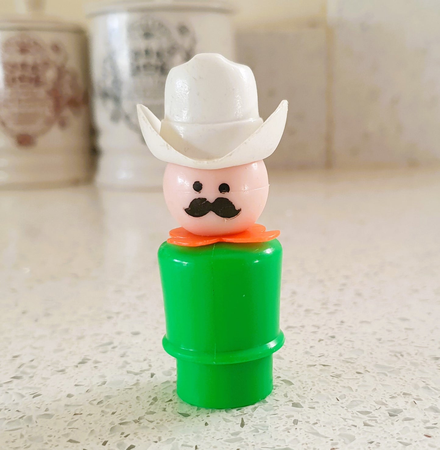 Fisher-Price Little people Cowboy, Green, white Stetson, Moustache, Fisher Price Cowboy Vintage Fisher Price Toys