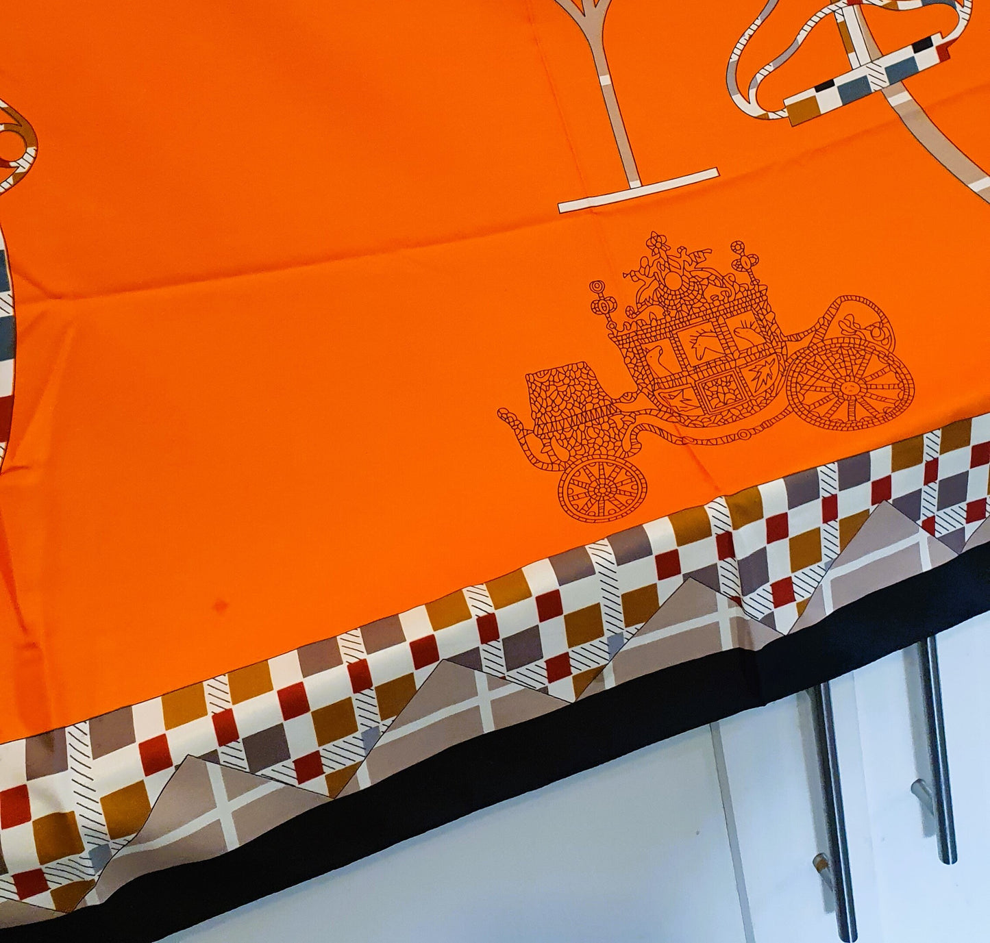 Faux Silk Scarf, Orange, Carriage, Abstract, Large, 95cm, Hijab,