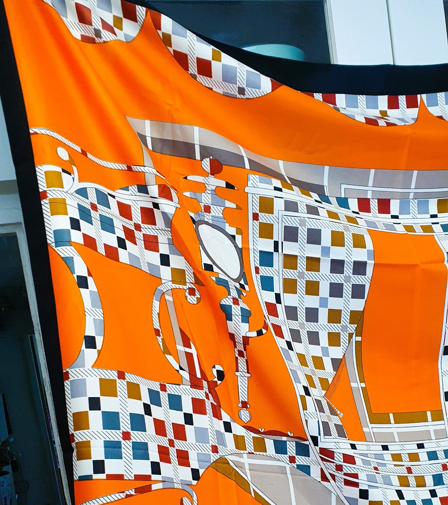 Faux Silk Scarf, Orange, Carriage, Abstract, Large, 95cm, Hijab,