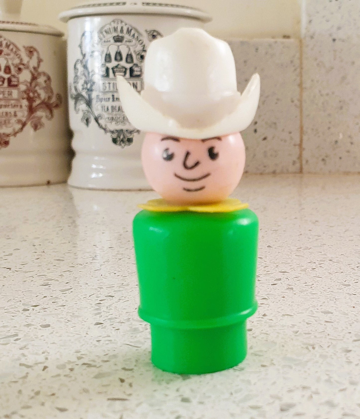 Vintage, Fisher-Price Little People Cowboy, Green, White Stetson, yellow Bandana