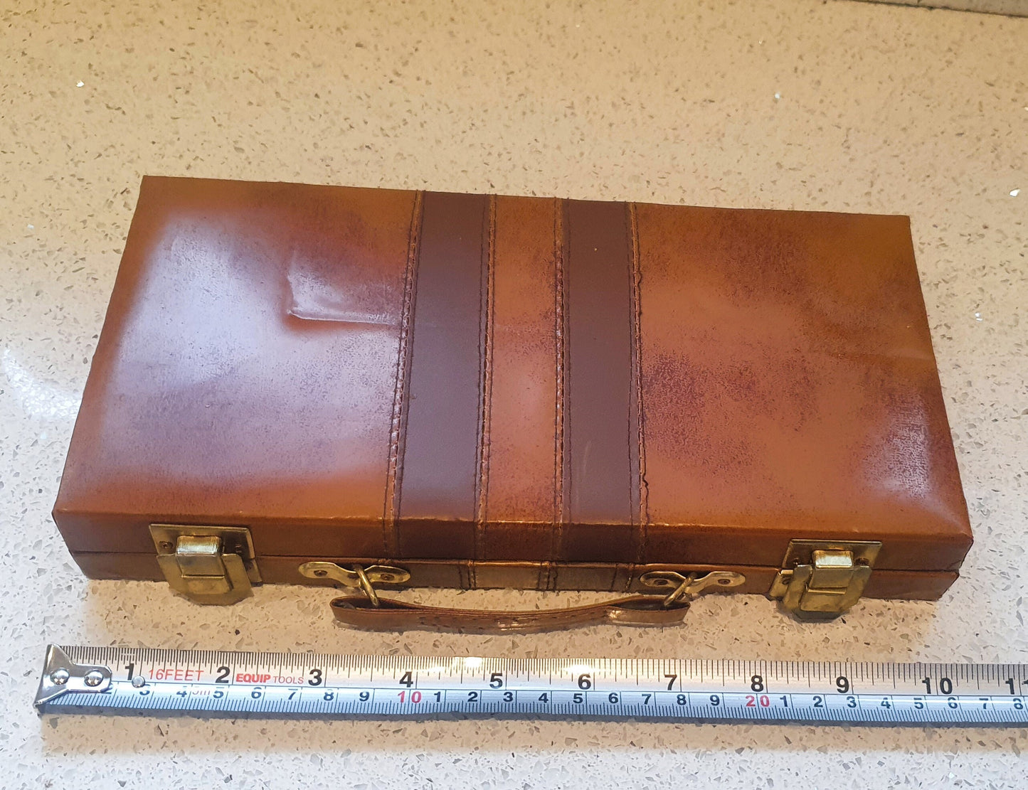 Vintage Games Set, Bridge, Chess, Draughts, Cribbage, Dominoes, Backgammon, Brown, Faux, Leather case, striped, Complete, Travel, Dominoes