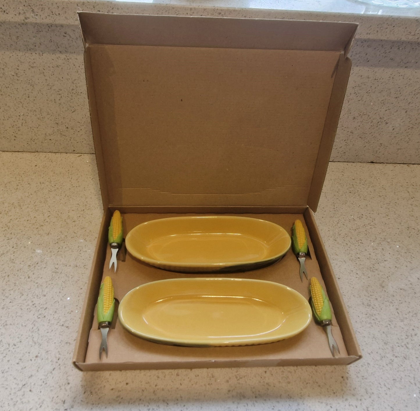 Vintage, Sagaform, Corn on the Cob, dishes, Sweetcorn dishes, Ceramic, Yellow and Green, kitsch, Quirky, Boxed, Original, With Sweetcorn Forks