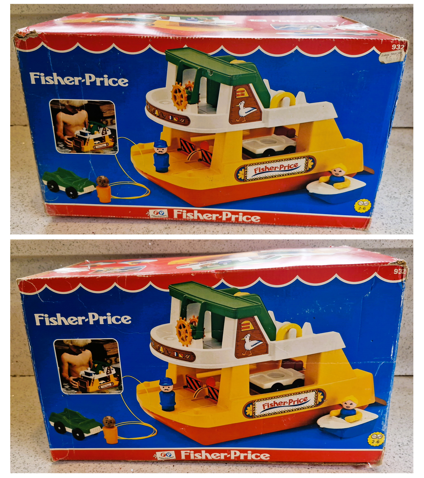 Vintage Fisher Price Ferry Boat Set: 6 Cars, 8 People, Motorbike, Boxed