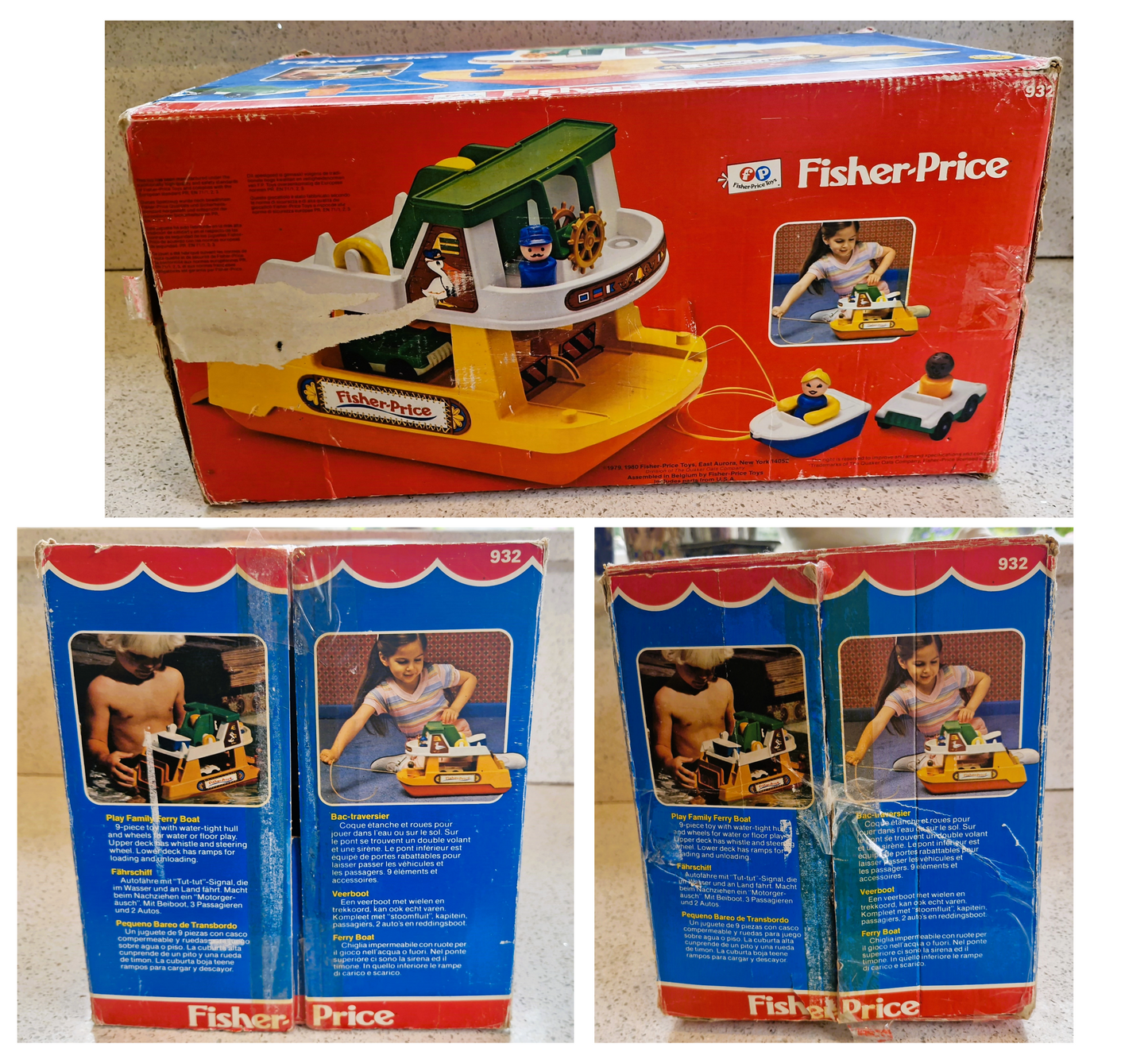 Vintage Fisher Price Ferry Boat Set: 6 Cars, 8 People, Motorbike, Boxed
