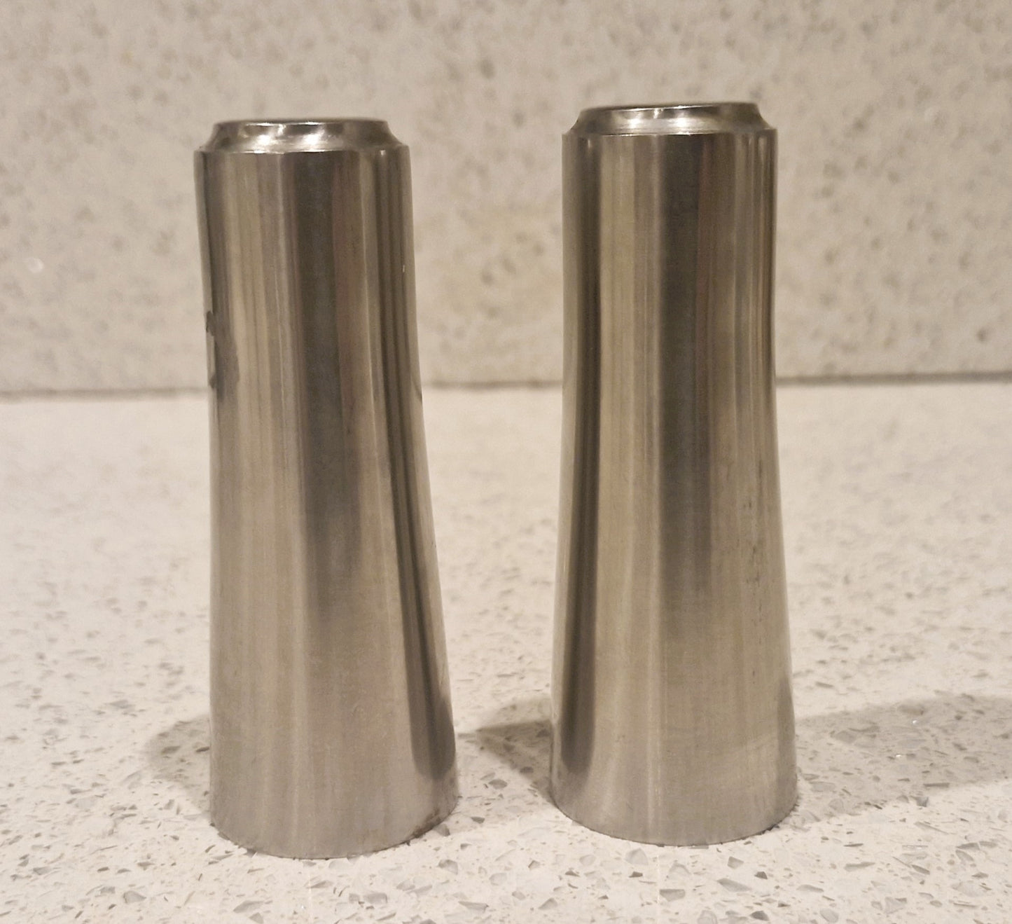 Mid Century Modern Stainless Steel Salt and Pepper Shakers, Tower Shape,