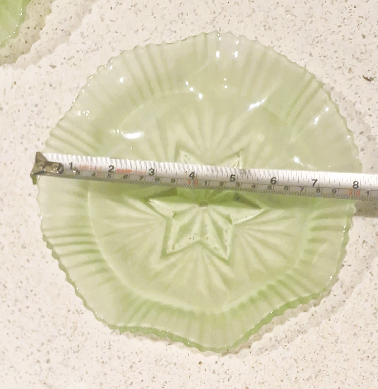 Vintage Art Deco Green Glass Cake Stand: Ruffled Edge, Shell Design, 2 Tier, Art Deco Green Glass