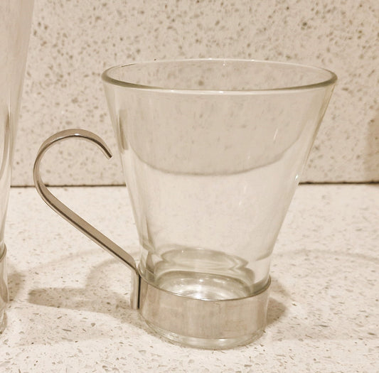 Vintage Bormioli Rocco Tempered Glass Coffee Cups with Metal Handle, Standard and Espresso