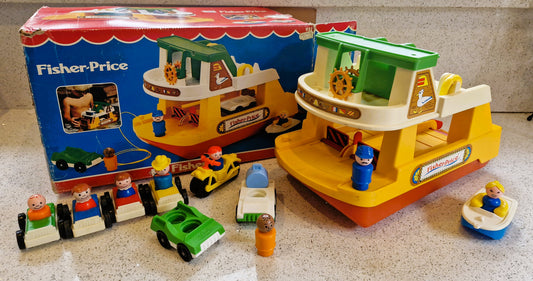 Vintage Fisher Price Ferry Boat Set: 6 Cars, 8 People, Motorbike, Boxed