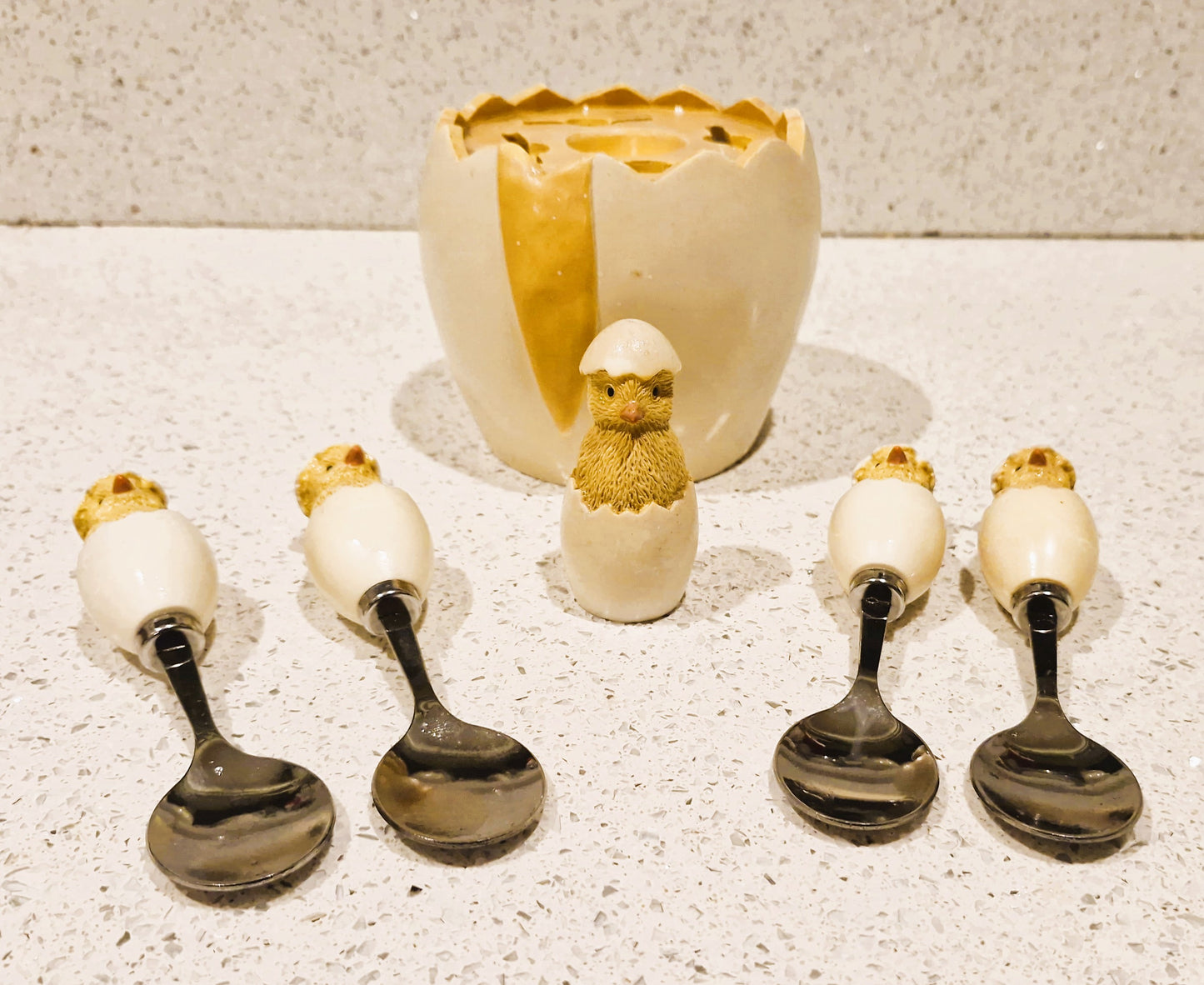 Vintage, Sagaform, Cracked Egg Teaspoons and Cracked Egg Teaspoon holder, with original Salt shaker Chick, Complete