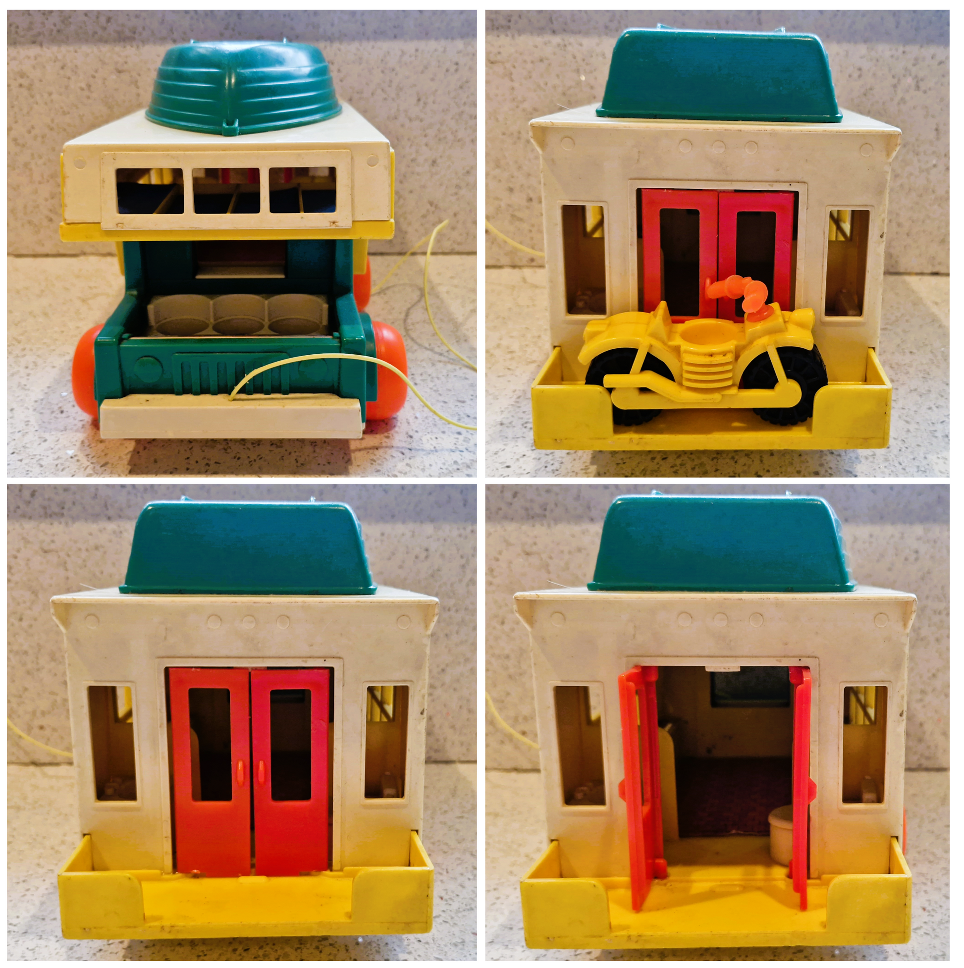 Collage of a toy camper with various open doors and windows on a neutral background.