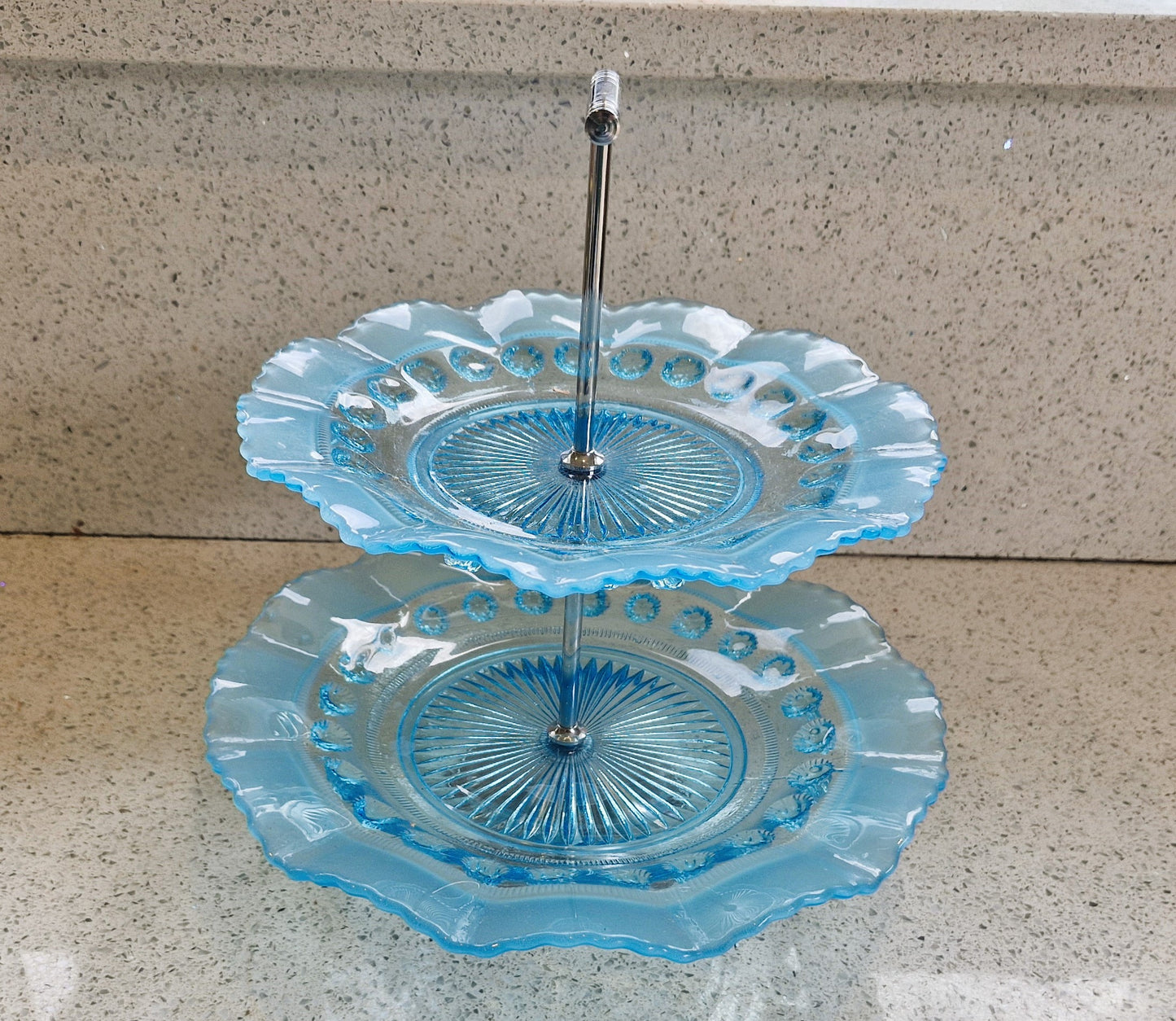 Vintage Blue Glass Cake Stand: Ruffled Edge, Shell Design, 2 Tier, Art Deco