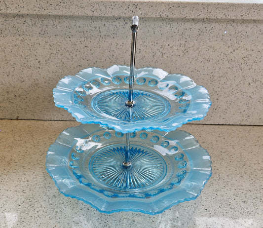 Vintage Blue Glass Cake Stand: Ruffled Edge, Shell Design, 2 Tier, Art Deco