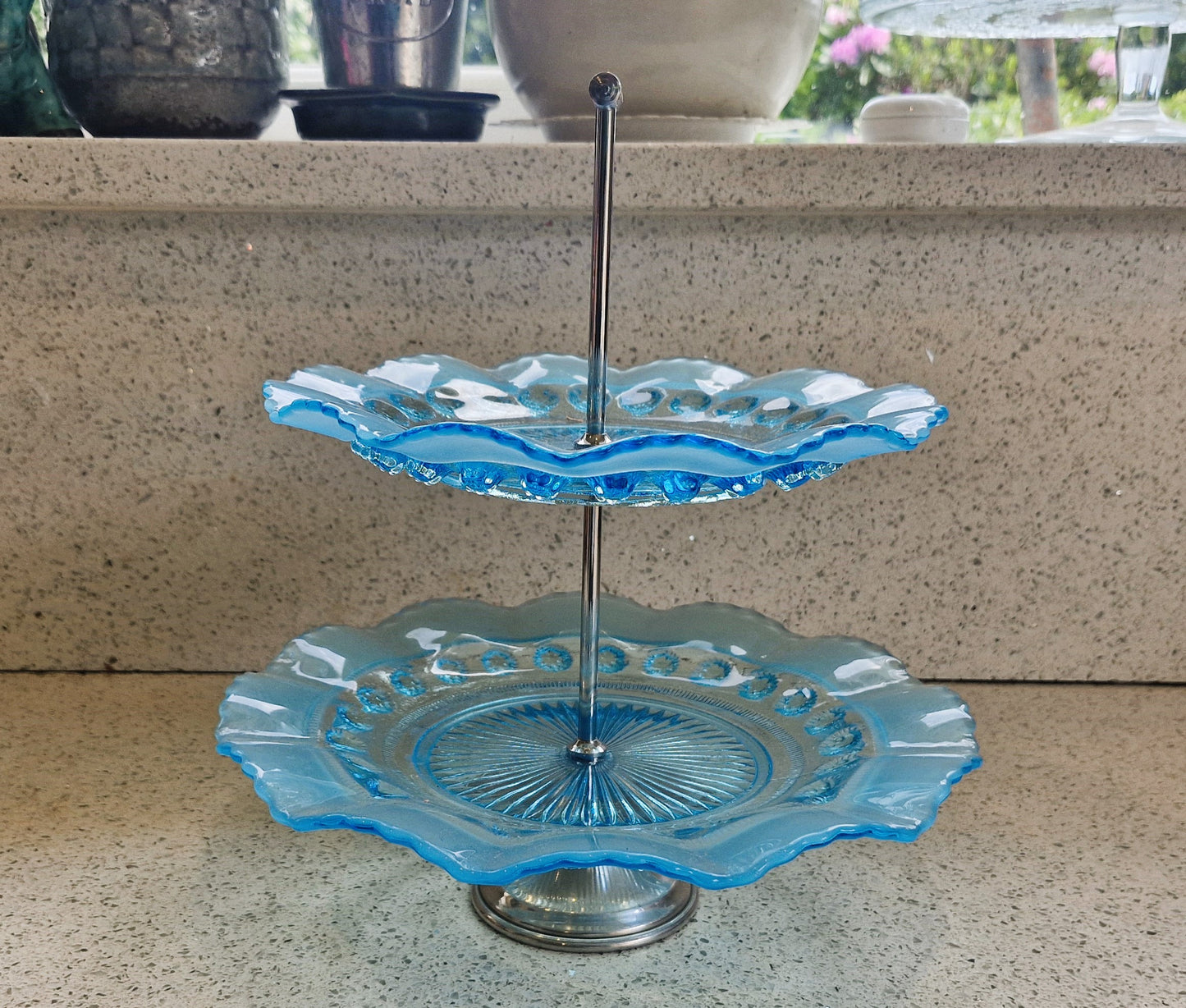 Vintage Blue Glass Cake Stand: Ruffled Edge, Shell Design, 2 Tier, Art Deco