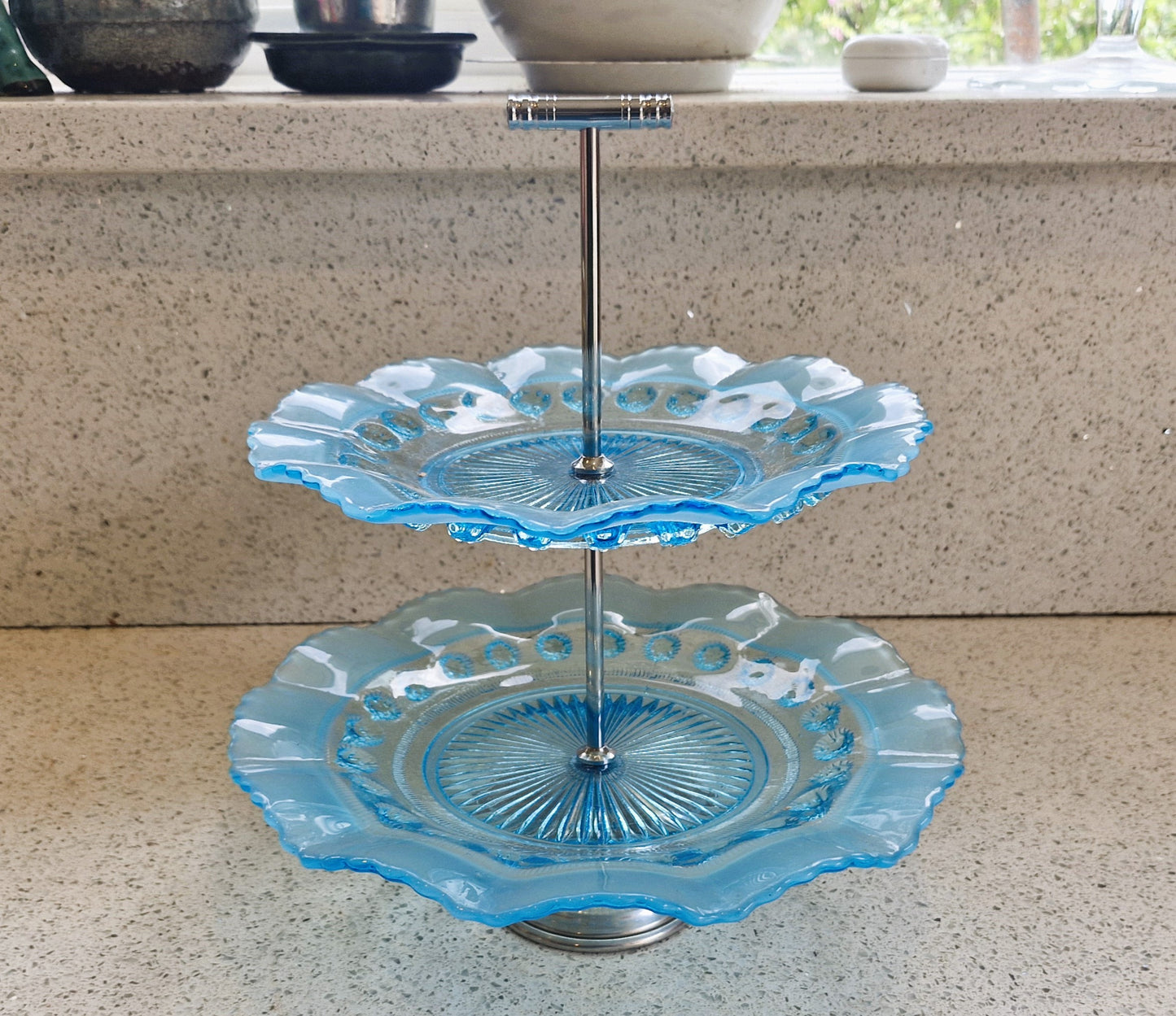Vintage Blue Glass Cake Stand: Ruffled Edge, Shell Design, 2 Tier, Art Deco