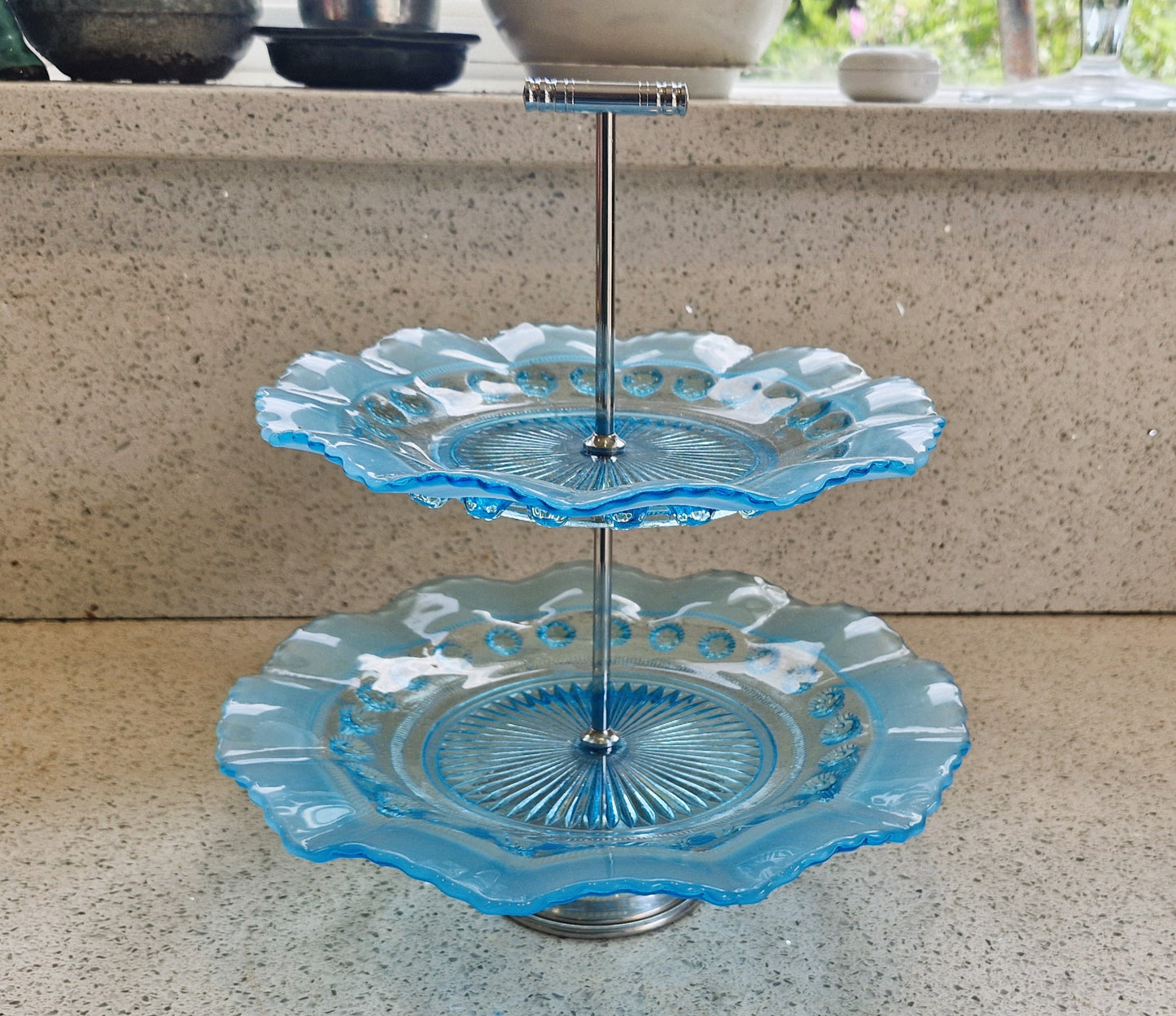 Vintage Blue Glass Cake Stand: Ruffled Edge, Shell Design, 2 Tier, Art Deco