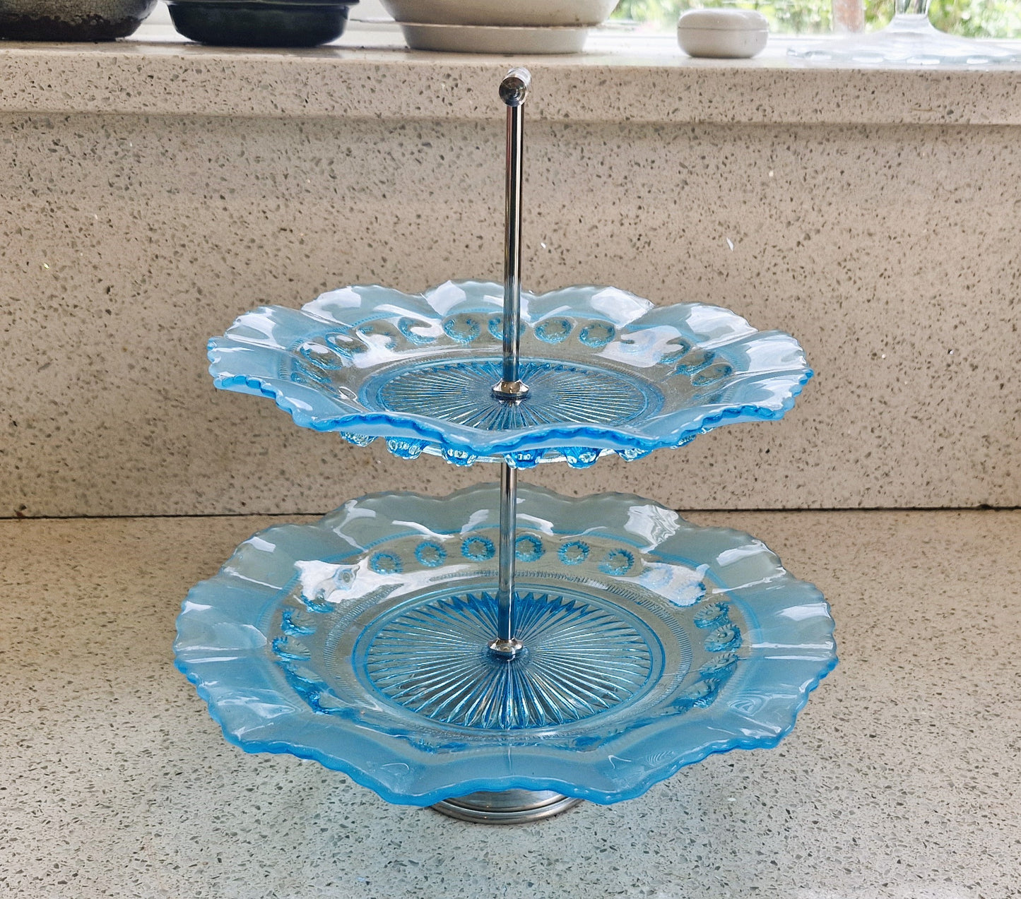 Vintage Blue Glass Cake Stand: Ruffled Edge, Shell Design, 2 Tier, Art Deco