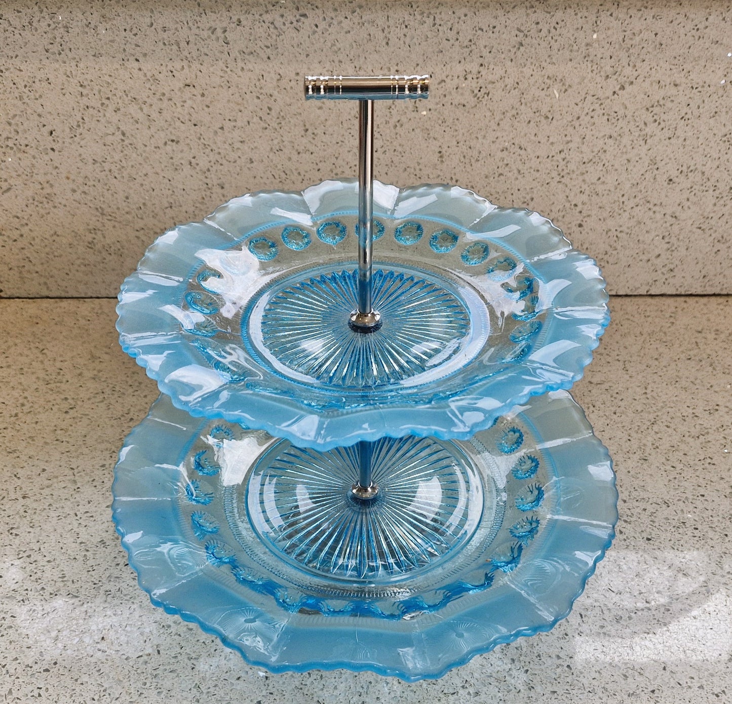 Vintage Blue Glass Cake Stand: Ruffled Edge, Shell Design, 2 Tier, Art Deco