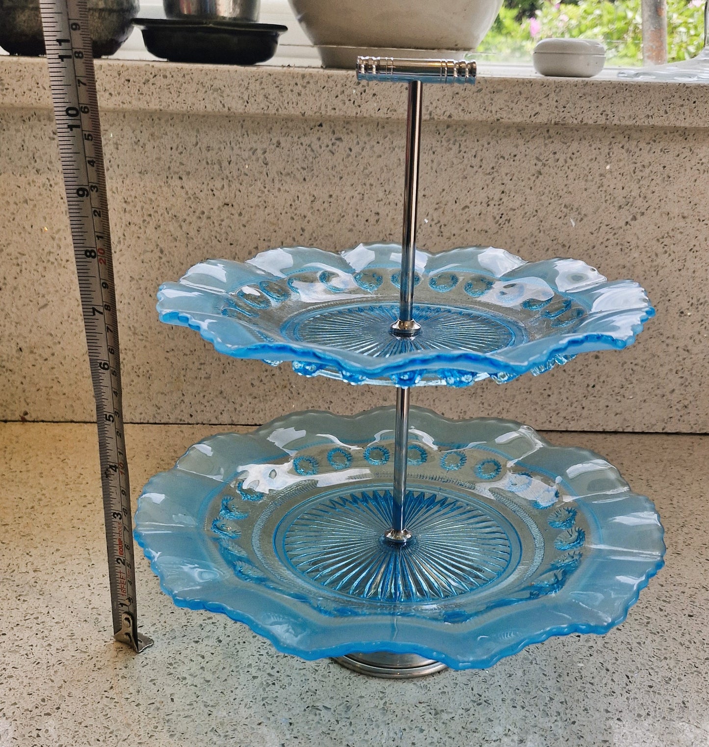 Vintage Blue Glass Cake Stand: Ruffled Edge, Shell Design, 2 Tier, Art Deco