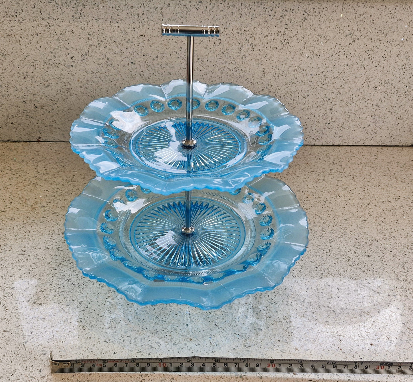 Vintage Blue Glass Cake Stand: Ruffled Edge, Shell Design, 2 Tier, Art Deco