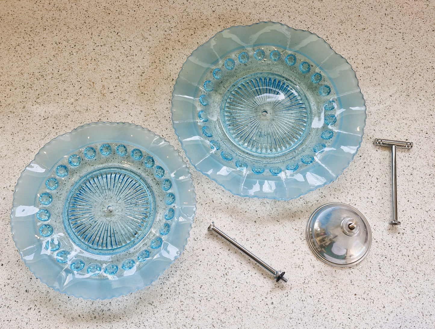 Vintage Blue Glass Cake Stand: Ruffled Edge, Shell Design, 2 Tier, Art Deco