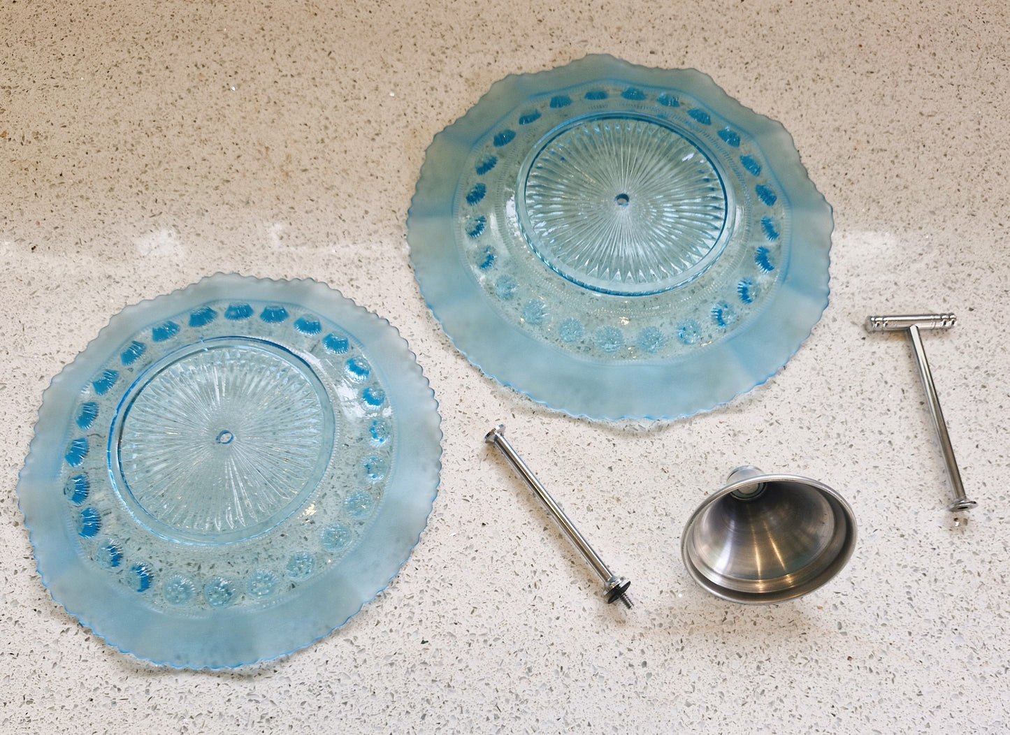 Vintage Blue Glass Cake Stand: Ruffled Edge, Shell Design, 2 Tier, Art Deco