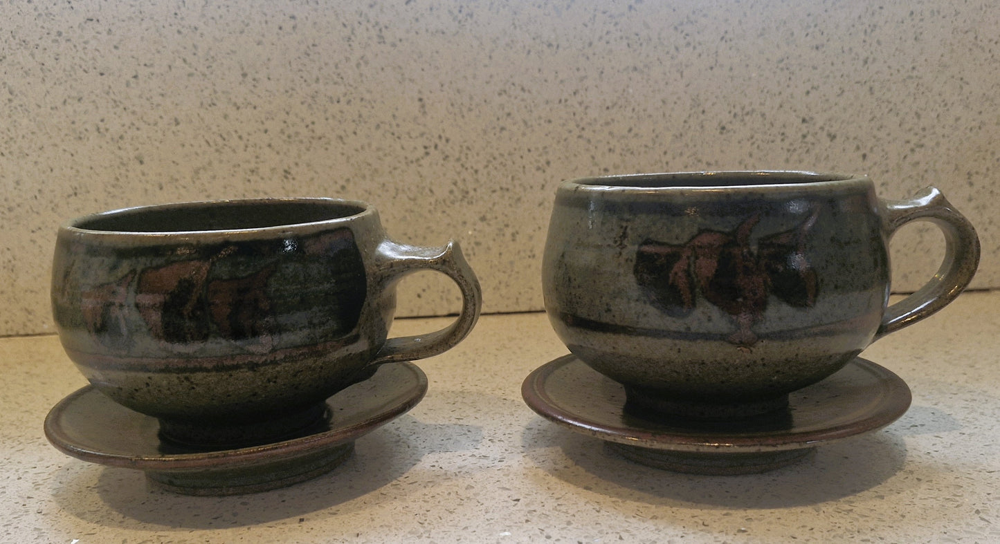 Stoneware Mugs, Stoneware Mug, Brown, Handmade, Natural, with Saucer, Organic