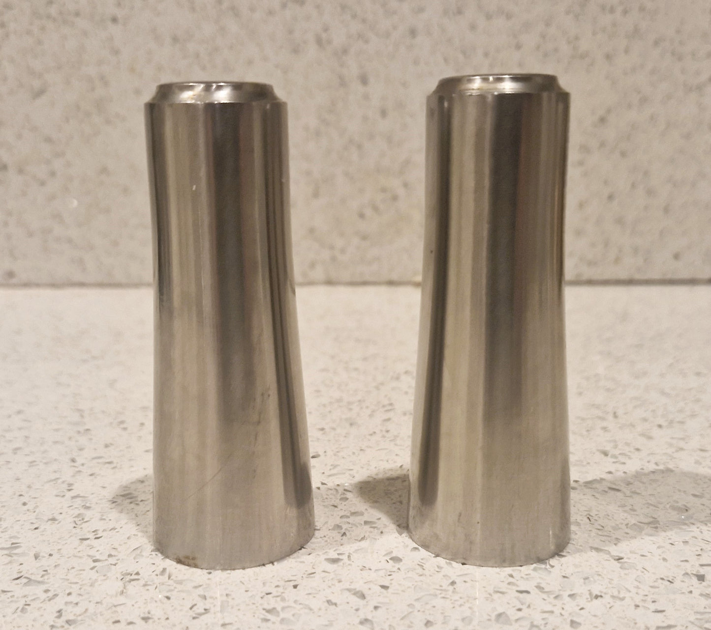 Mid Century Modern Stainless Steel Salt and Pepper Shakers, Tower Shape,