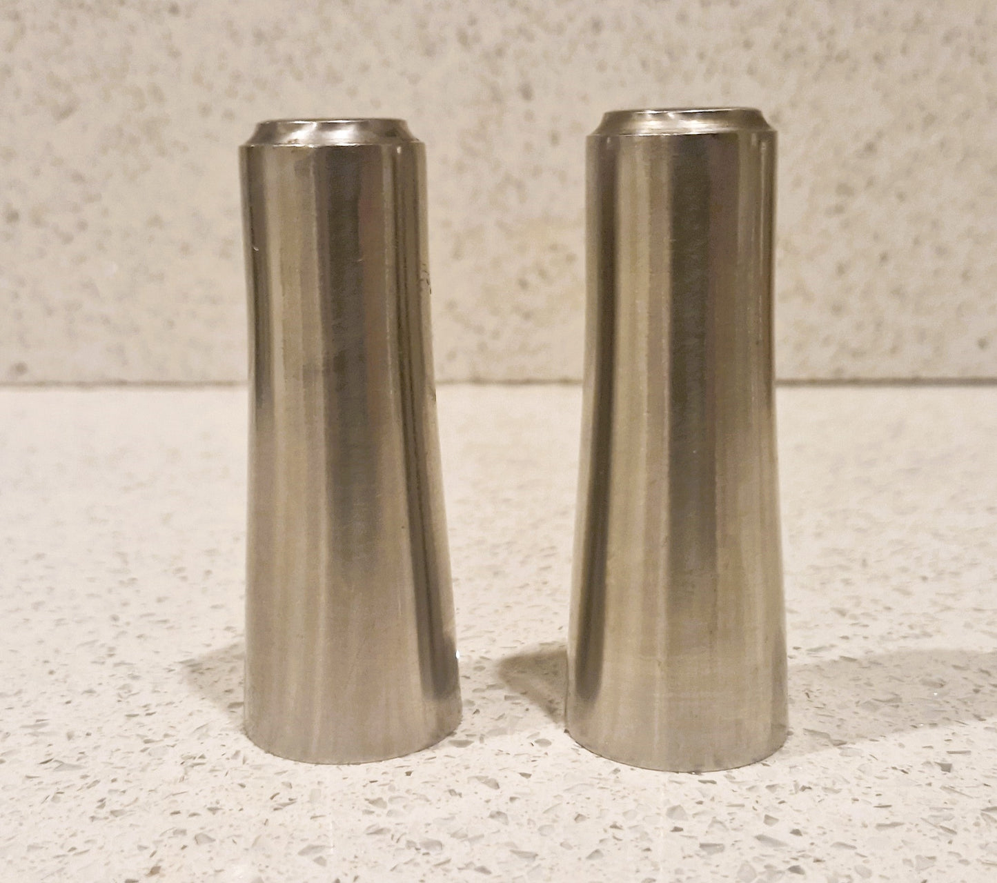 Mid Century Modern Stainless Steel Salt and Pepper Shakers, Tower Shape,
