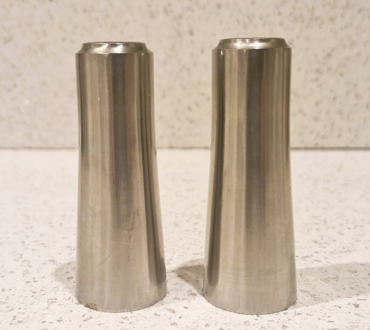 Mid Century Modern Stainless Steel Salt and Pepper Shakers, Tower Shape,