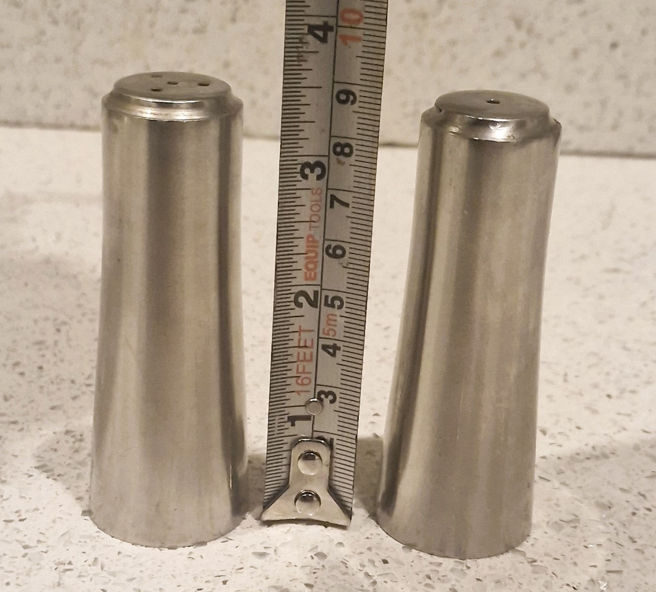 Mid Century Modern Stainless Steel Salt and Pepper Shakers, Tower Shape,