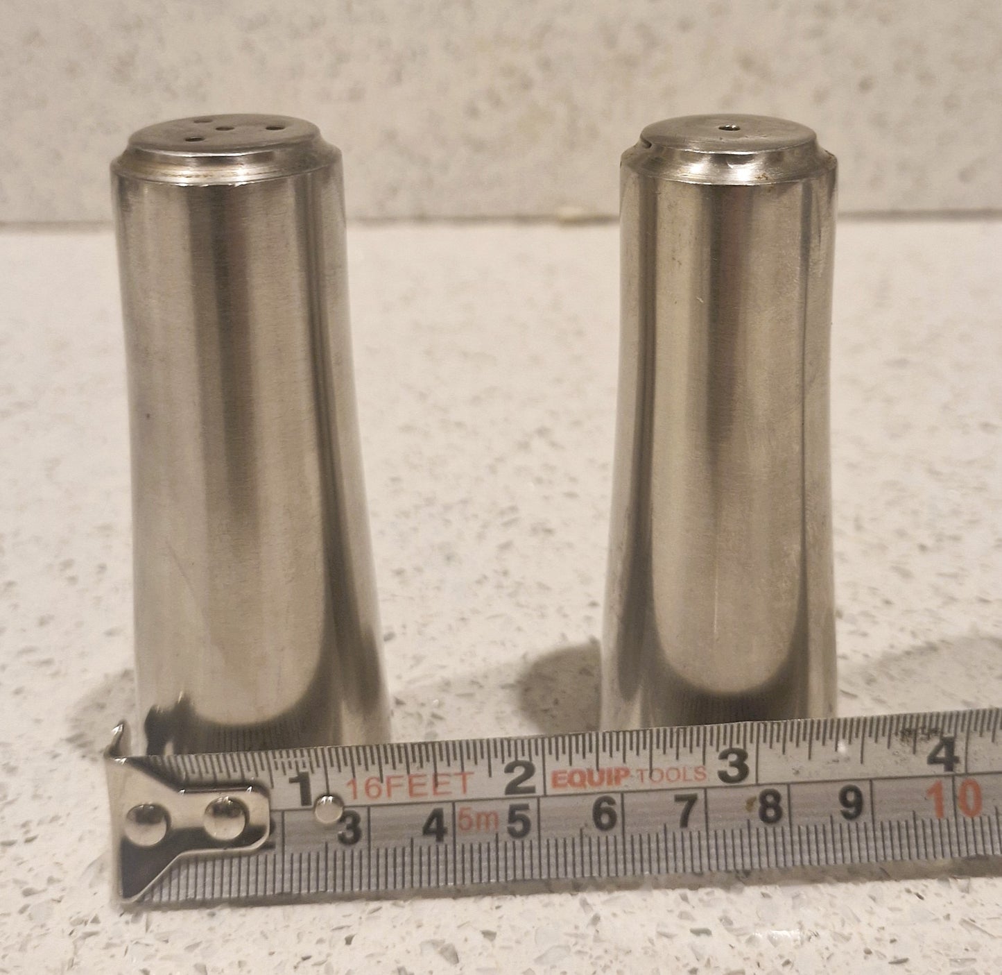 Mid Century Modern Stainless Steel Salt and Pepper Shakers, Tower Shape,
