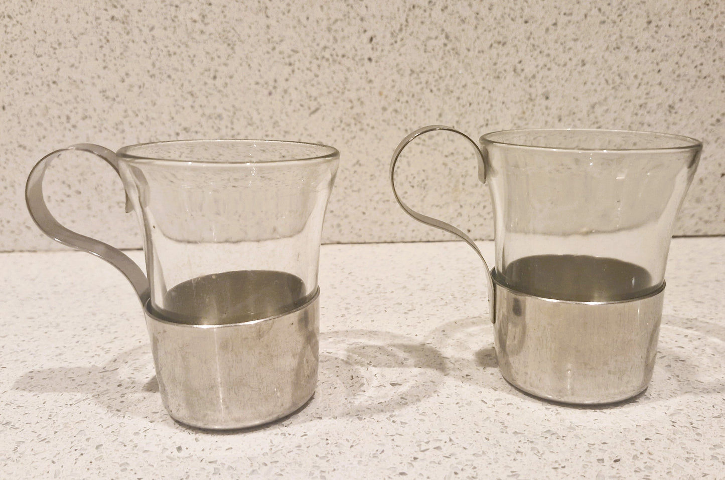 Vintage Duralex Glass Coffee Mugs with Metal Holders - Set of 2Vintage