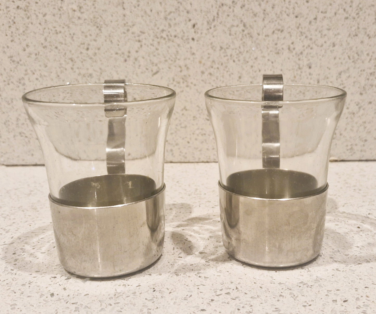 Vintage Duralex Glass Coffee Mugs with Metal Holders - Set of 2Vintage