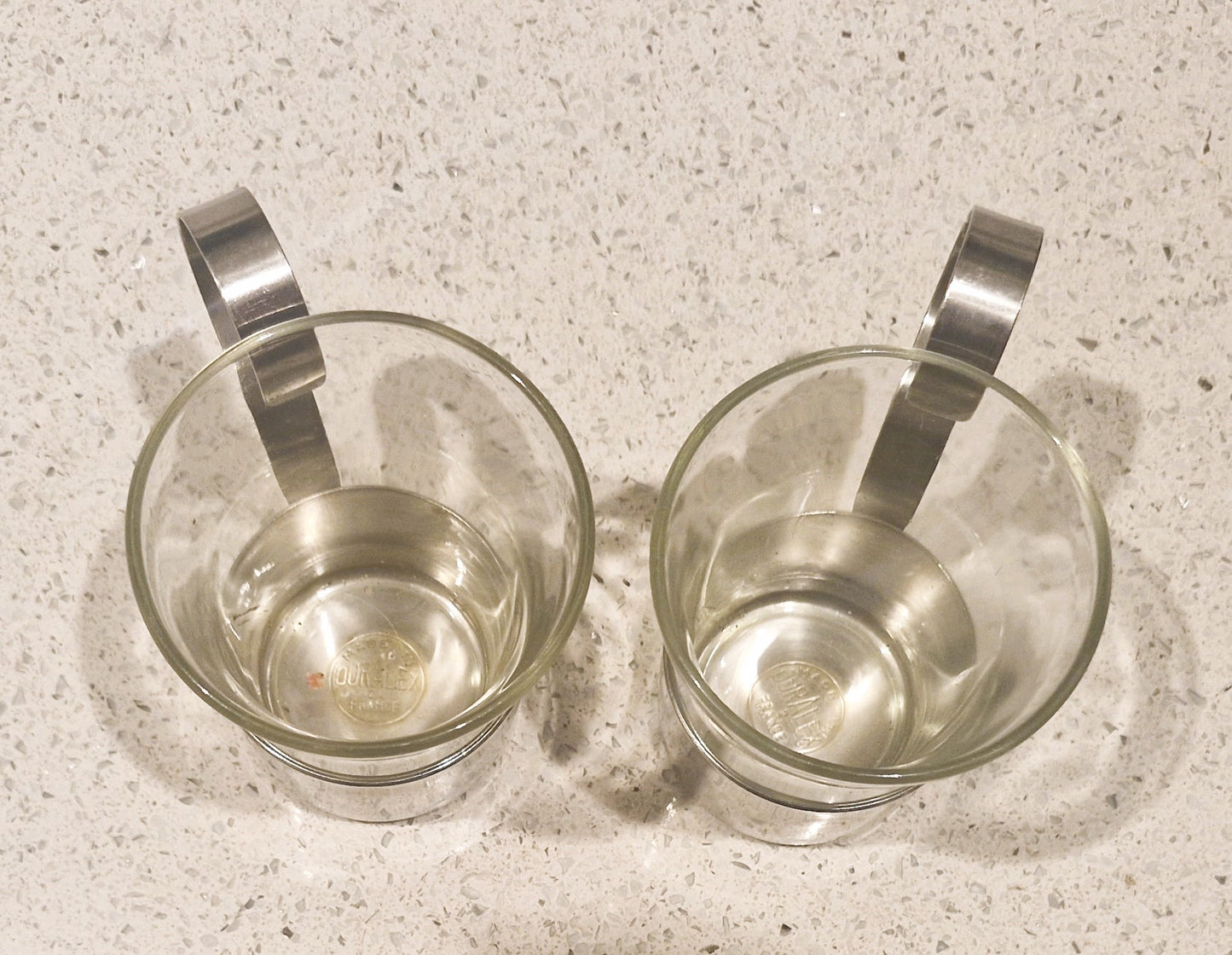 Vintage Duralex Glass Coffee Mugs with Metal Holders - Set of 2Vintage