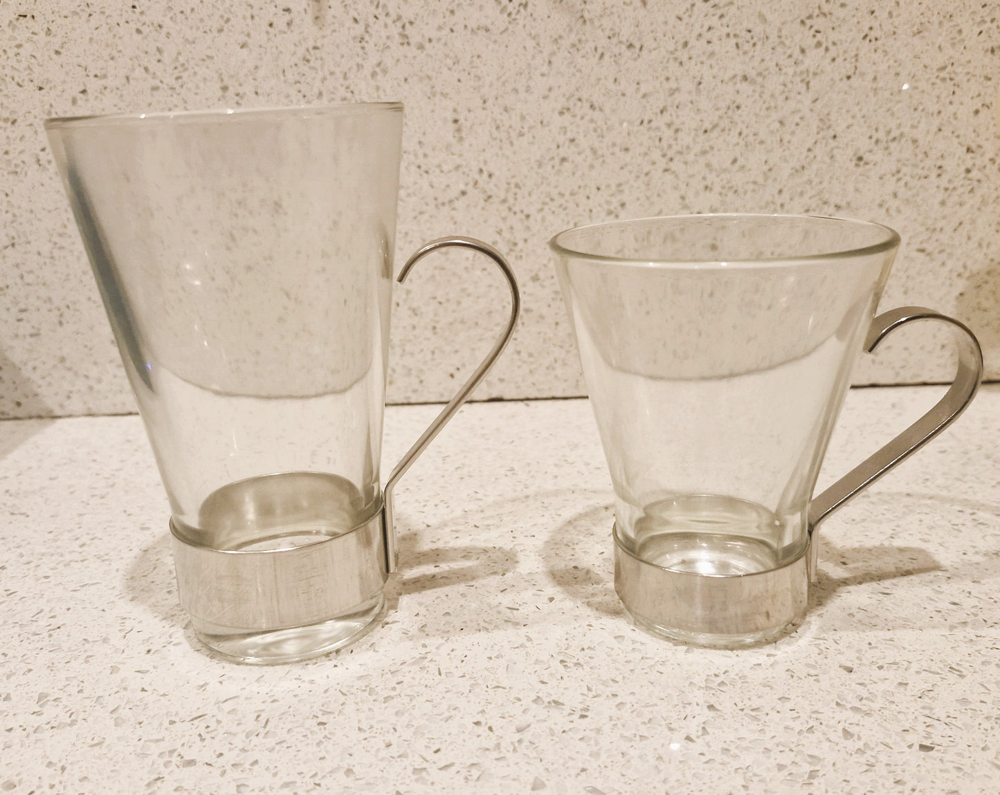 Vintage Bormioli Rocco Tempered Glass Coffee Cups with Metal Handle, Standard and Espresso