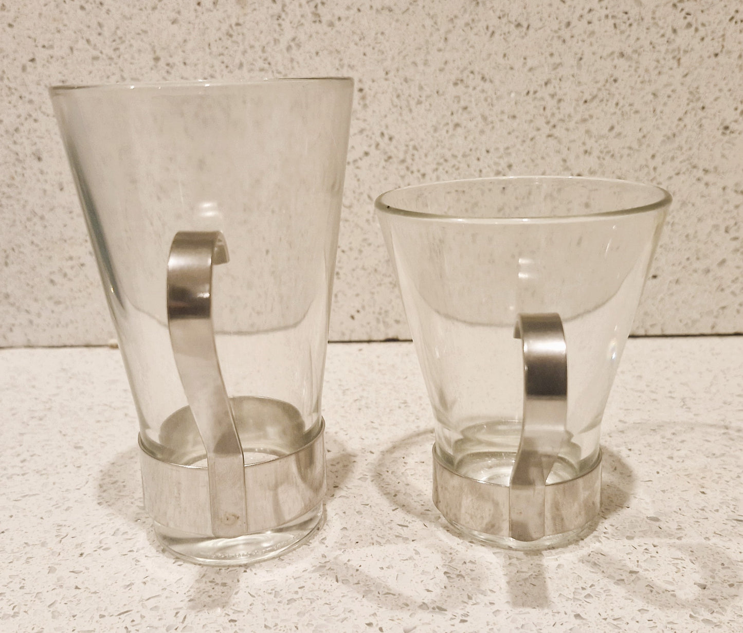 Vintage Bormioli Rocco Tempered Glass Coffee Cups with Metal Handle, Standard and Espresso