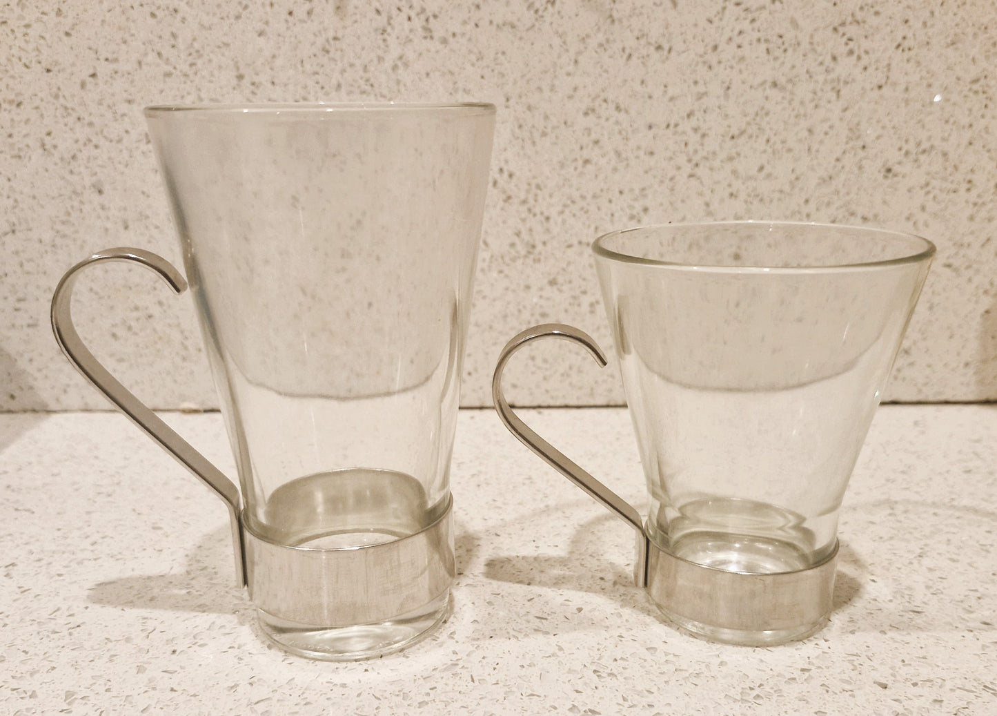 Vintage Bormioli Rocco Tempered Glass Coffee Cups with Metal Handle, Standard and Espresso