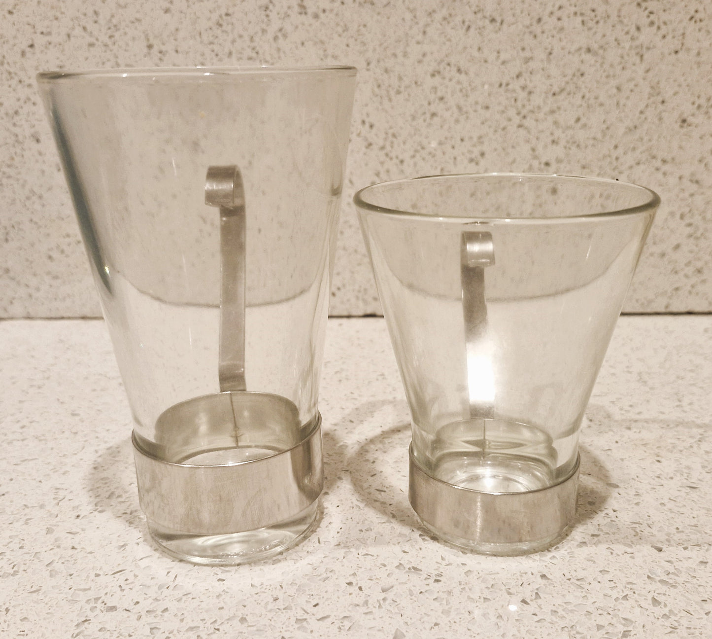 Vintage Bormioli Rocco Tempered Glass Coffee Cups with Metal Handle, Standard and Espresso