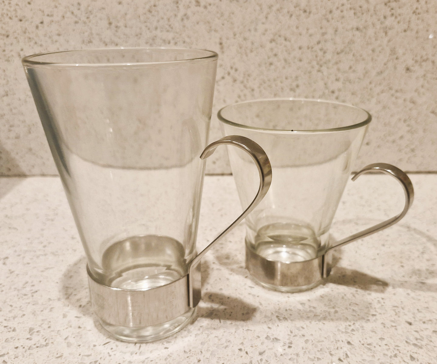 Vintage Bormioli Rocco Tempered Glass Coffee Cups with Metal Handle, Standard and Espresso