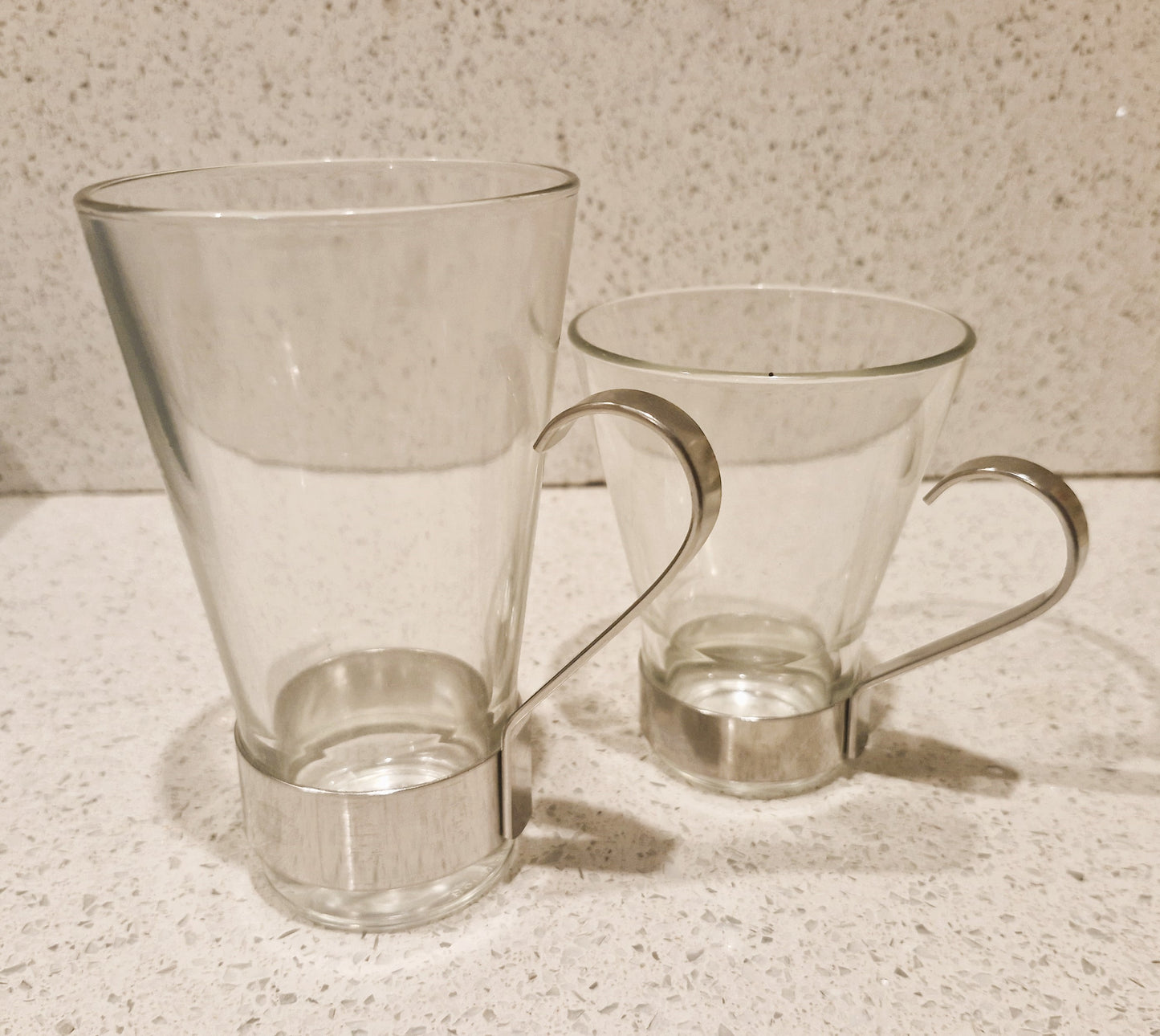 Vintage Bormioli Rocco Tempered Glass Coffee Cups with Metal Handle, Standard and Espresso